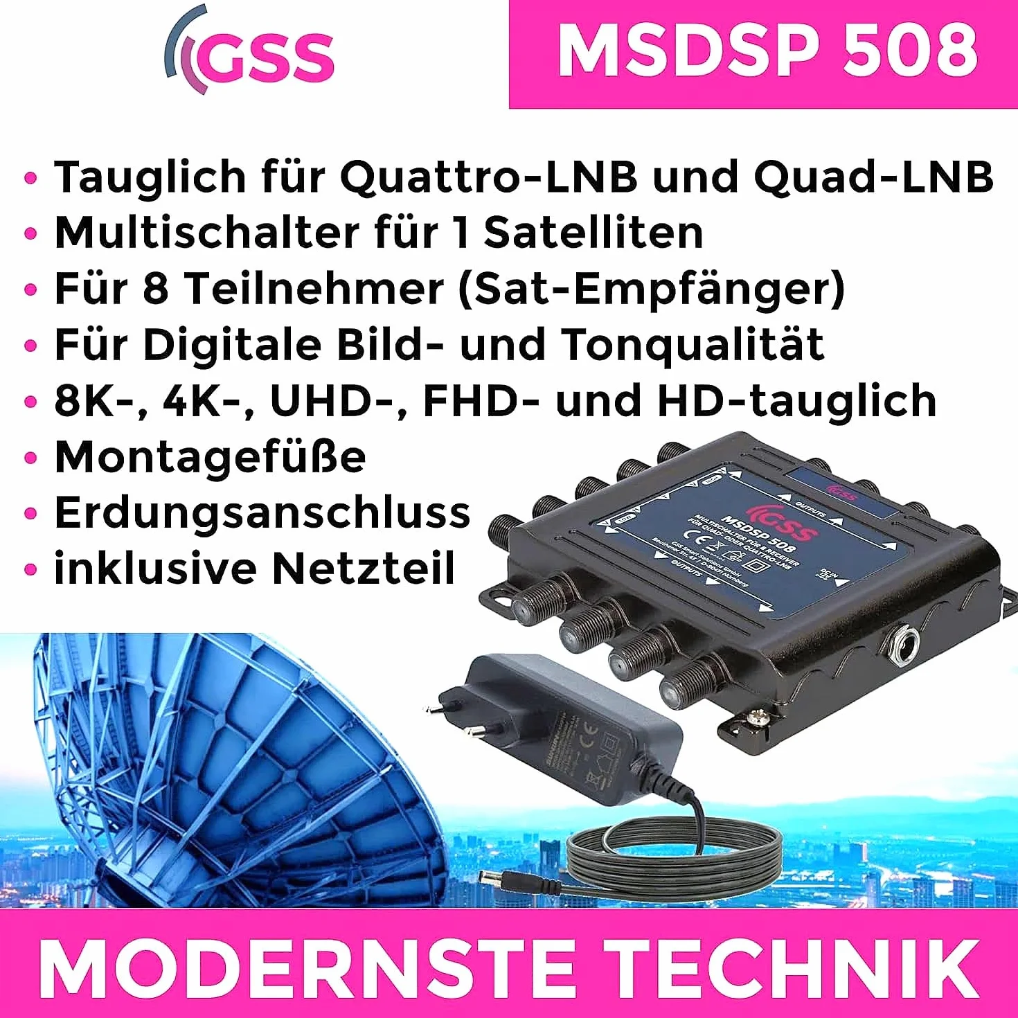 GSS Multiprzełącznik 5/8 z zasilaczem - 8 uczestników 1 satelita, matryca, multiswitch do anteny satelitarnej, cyfrowy HDTV 4K 8K, telewizor, zestaw satelitarny, odbiornik - rozdzielacz satelitarny,