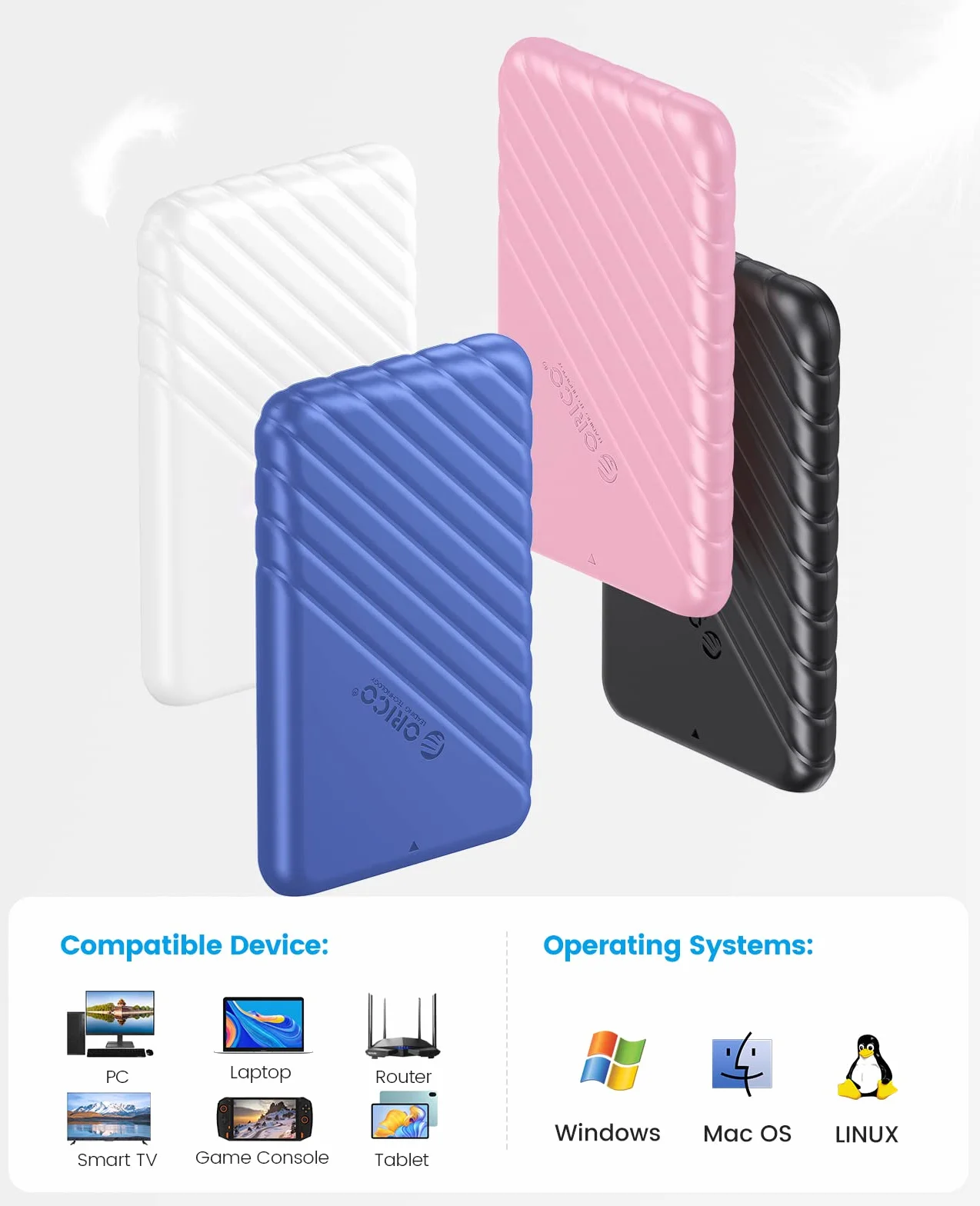 ORICO Obudowa dysku twardego 2,5" USB C USB 3.1 Gen 2 do SATA III, zewnętrzna obudowa dysku twardego do SSD HDD 9,5 7 mm bez użycia narzędzi z UASP, niebieska (25PW1-C3)