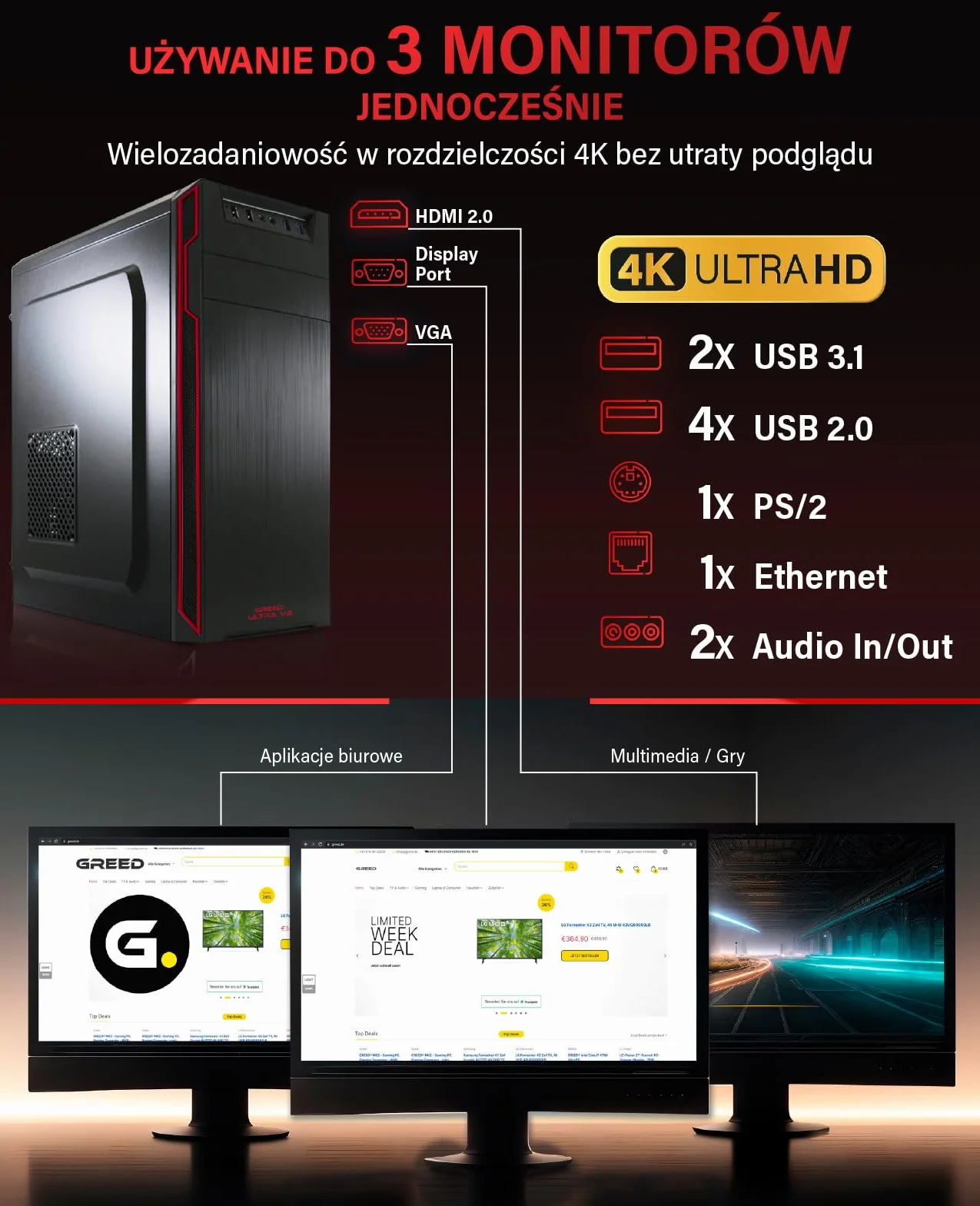 Greed® Komputer Ultra V2 z AMD Ryzen 7 5700G – szybki PC + Desktop do biura i domowego biura o częstotliwości 4,6 GHz, 16 GB pamięci RAM - 1TB SSD + 1TB HDD - DVD+RW - USB 3.1 + Windows 11 Pro