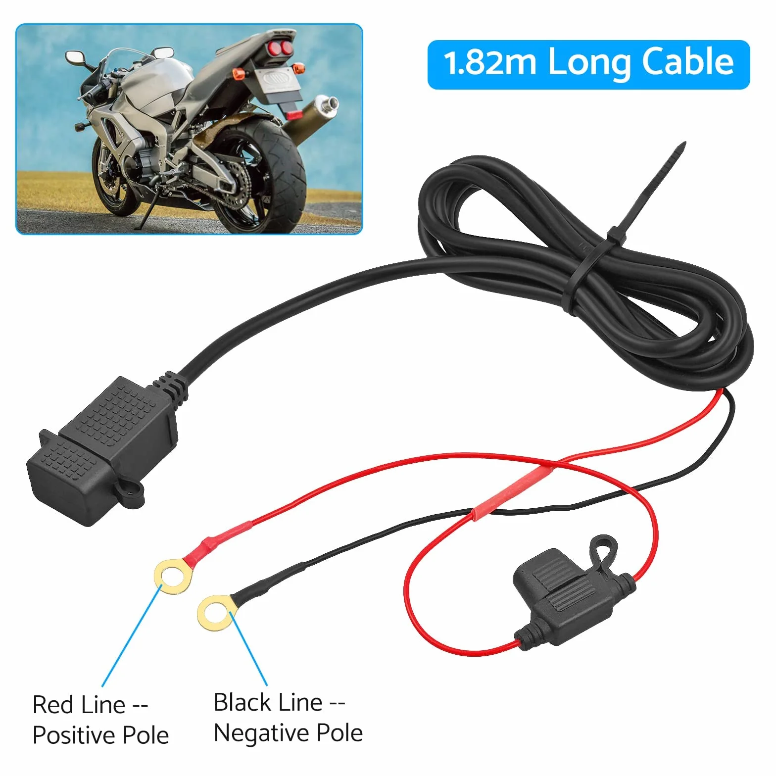 eSynic Profesjonalna ładowarka motocyklowa USB - wodoodporne gniazdo 1,82 m do telefonu, GPS, uniwersalna ładowarka motocyklowa 12/5 V