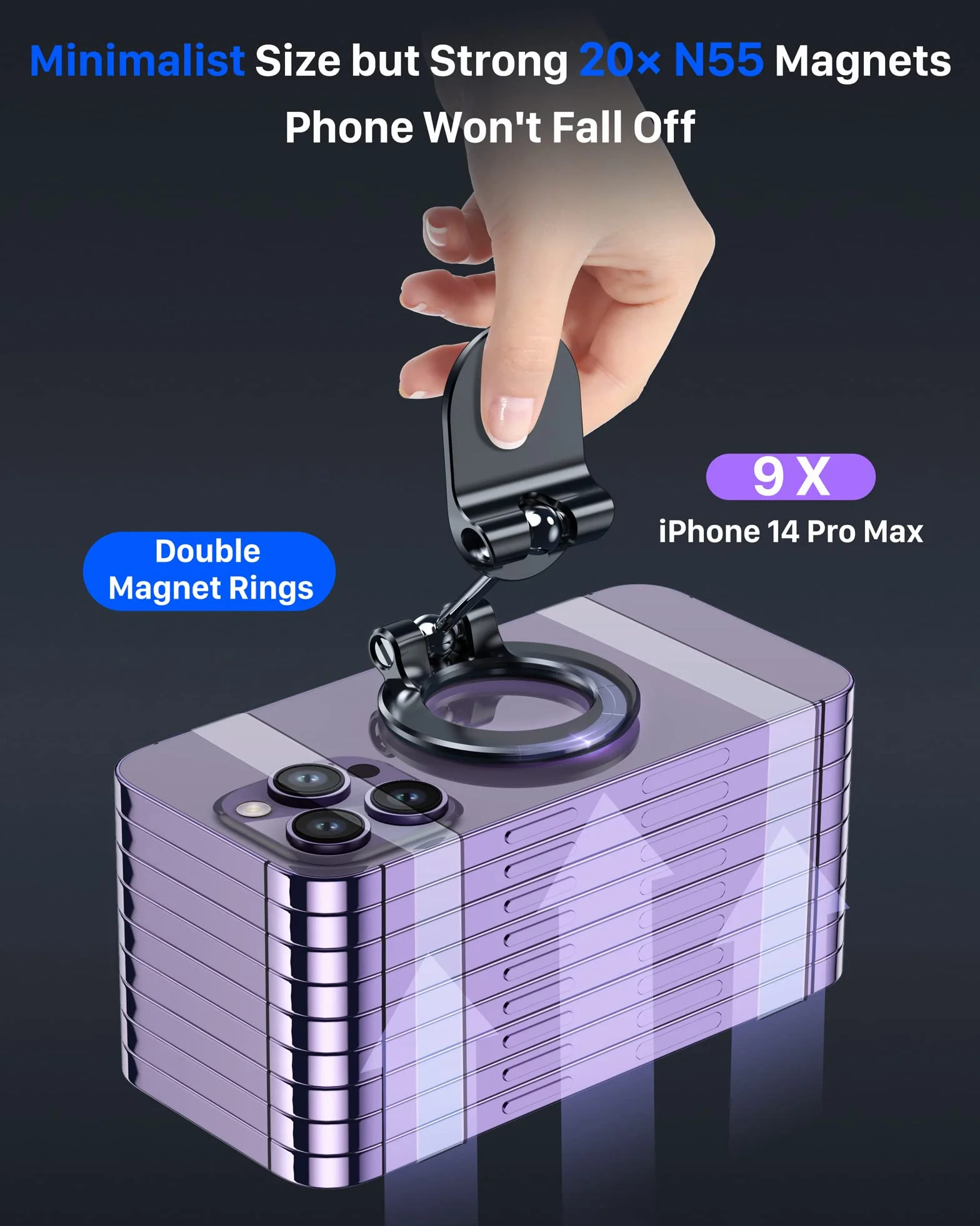 YOSH Odkurzacz do Magsafe magnetyczny uchwyt na telefon do samochodów, nano stabilna przyssawka do przedniej szyby deski rozdzielczej, magnesy N55 do iPhone'a 17 16 15 14 13 Samsung Pixel, niebieski