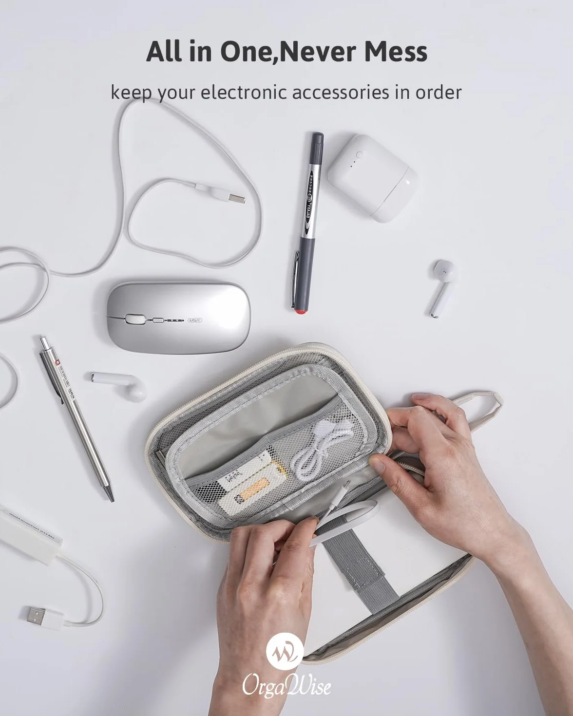 OrgaWise Etui podróżne na akcesoria elektroniczne, elektronikę, kable, powerbank, kabel do ładowania, tablet itp., beżowe (S2-Beige)