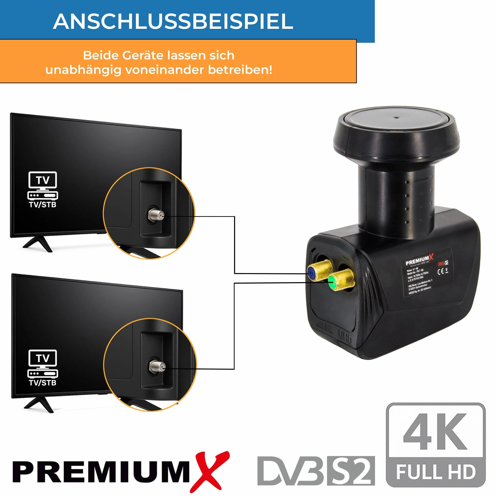 PremiumX Twin LNB dla 2 użytkownika – Konwerter sygnału telewizyjnego z ochroną przed warunkami atmosferycznymi – Cyfrowy odbiornik satelitarny w kolorze czarnym – DVB-S2 8K UHD 4K Full HD