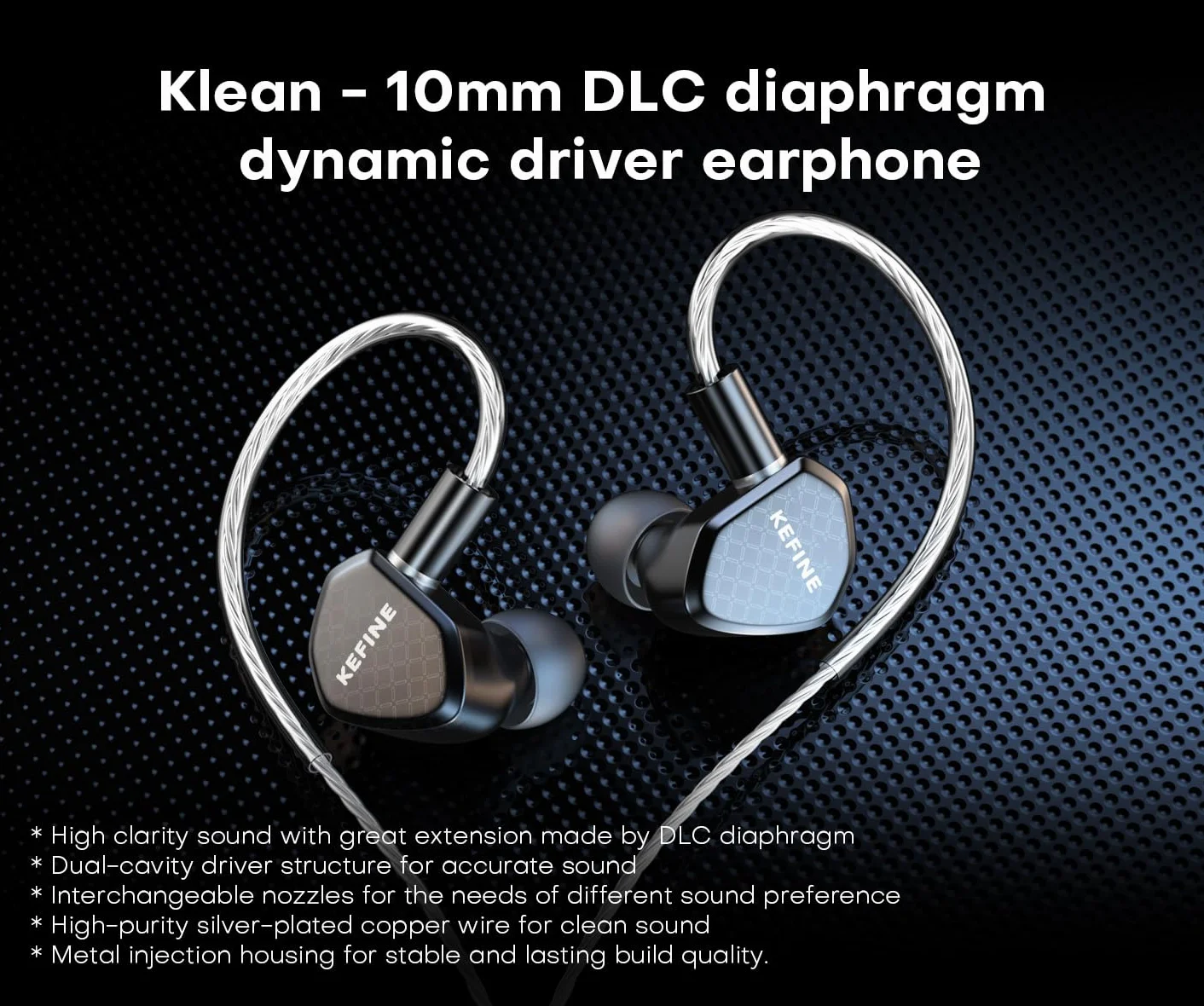 KGUSS KEFINE Klean Przewodowe monitory douszne HiFi, membrana 10 mm, z dynamicznym sterownikiem DLC, z odłączanym posrebrzanym kablem 0,78 mm, 2-pinowym, wymiennymi dyszami, słuchawki douszne do gier