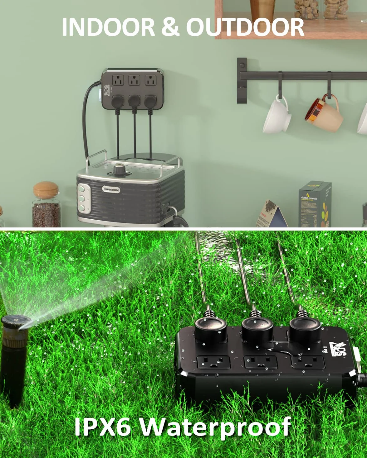 IPX6 Outdoor Power Strip Proof, wodoodporna ochrona surge Protector z 6 szerokimi gniazdami z 3 portami USB, przewód przedłużający o długości 10 ft, montowany na ścianie do dekoracji zewnętrznych i