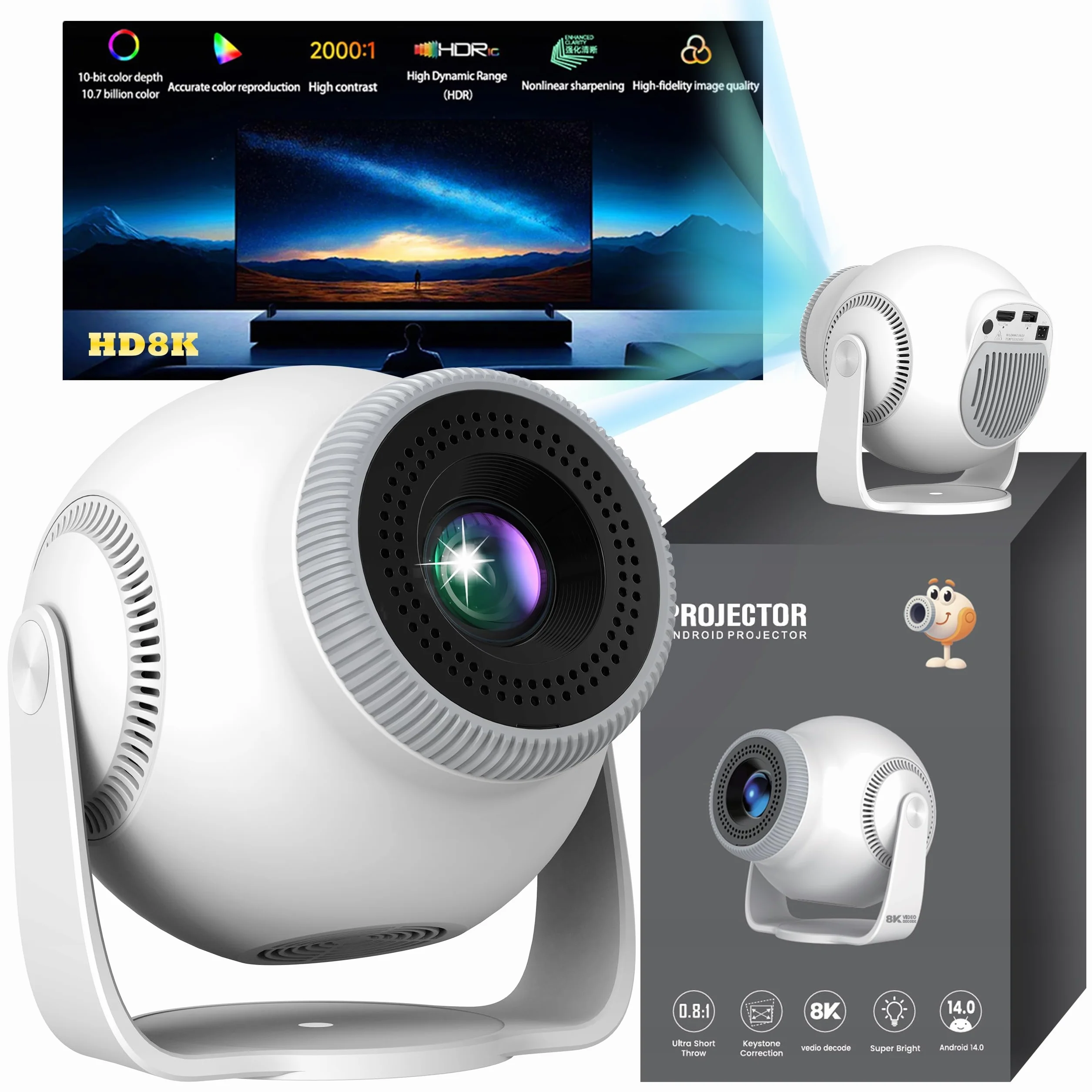 CIRON TP360 Projektor multimedialny Android 14 WiFi 6 Bluetooth 5.4 LED 200 ANSI 720P Mini Projektor Kino Domowe HDMI USB Wysoka Jakość Korekcja Obrazu Kino Domowe