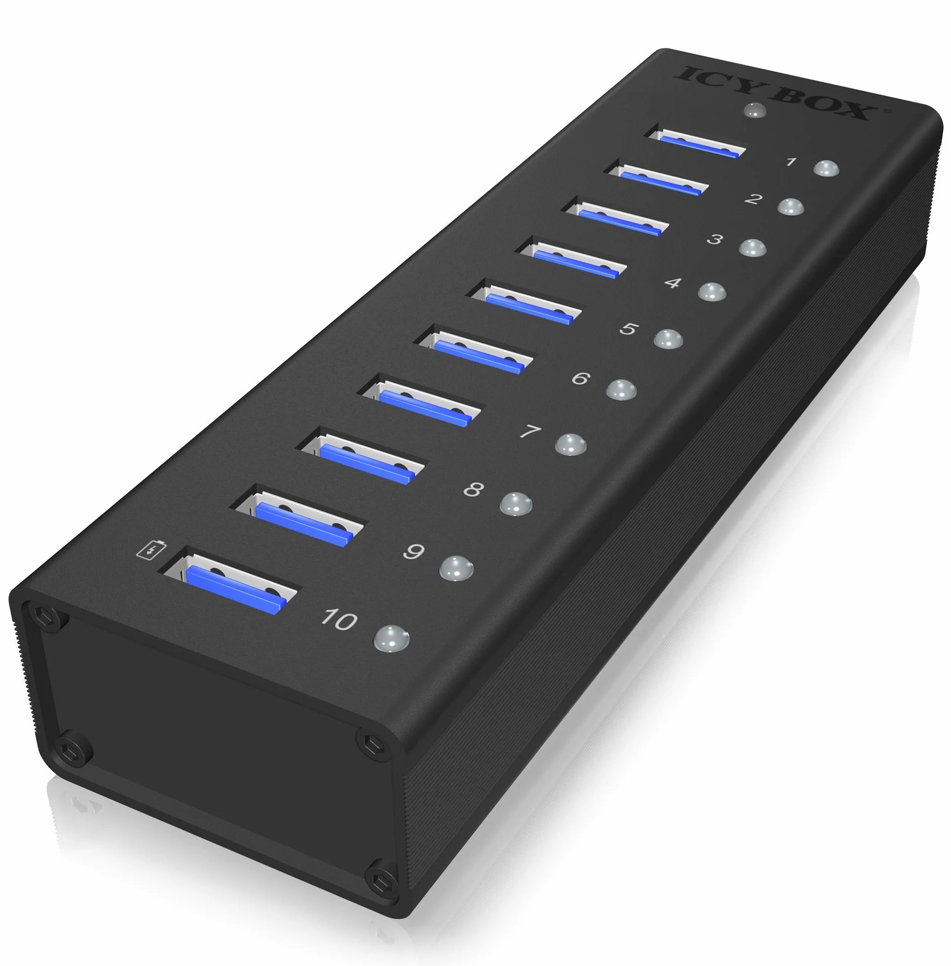 ICY BOX IB-AC6110 10-krotny koncentrator USB 3.0 z zasilaczem (12 V/4 A), port ładowania, w pełni aluminiowy, mocowanie na rzepy, czarny