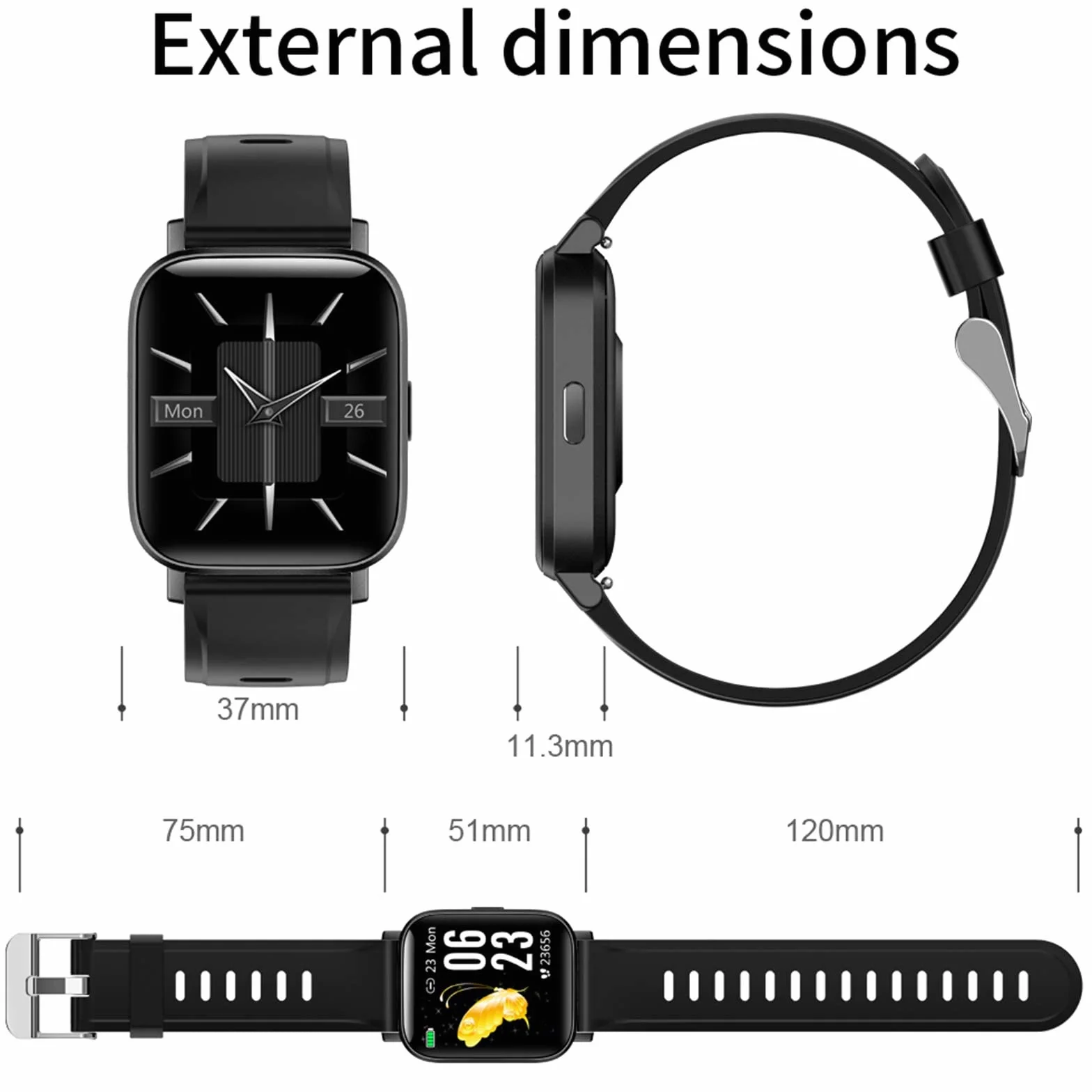 Inteligentny zegarek na Androida iOS Inteligentne zegarki dla mężczyzn Kobiety IP68 Wodoodporny smartwatch sportowy Monitor aktywności fizycznej Tętno Monitor snu Ekran dotykowy Czarny (czarny) little