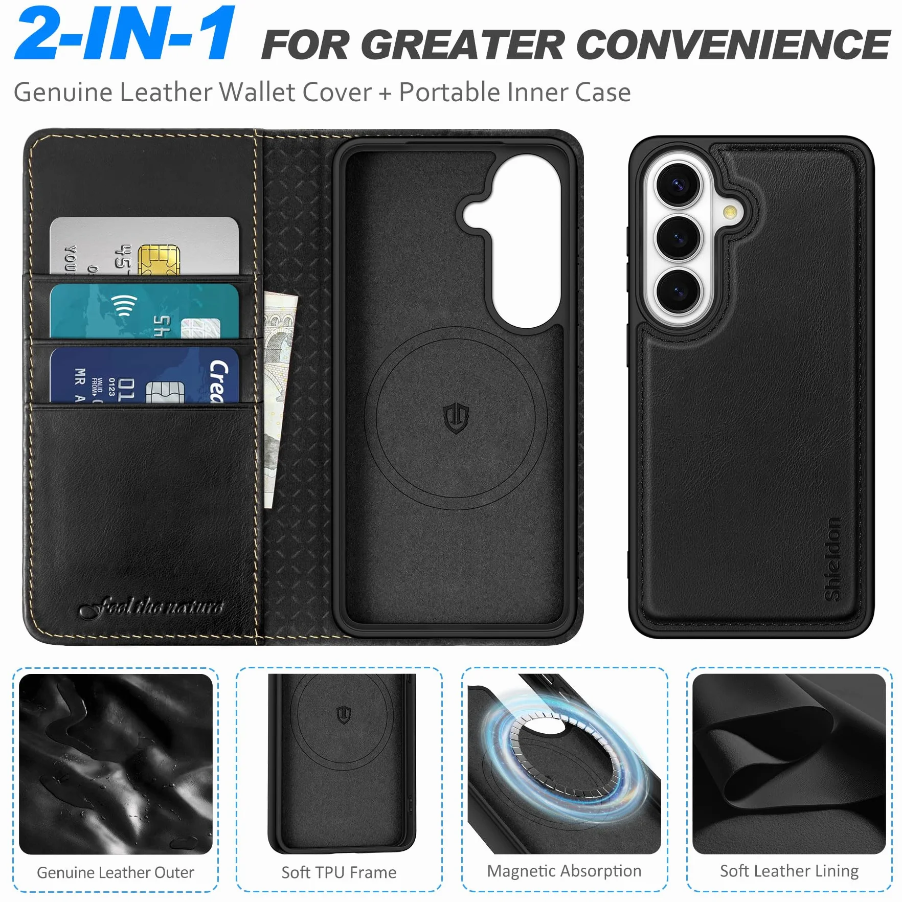 SHIELDON Prawdziwa Skóra Etui z Odpinanym Portfelem do Galaxy S26 6,3 cala, Magnetyczne ładowanie Bezprzewodowe, Blokada RFID, Uchwyt na Kartę, Podpórka, Klapka Odporna na Wstrząsy – Retro Czarne