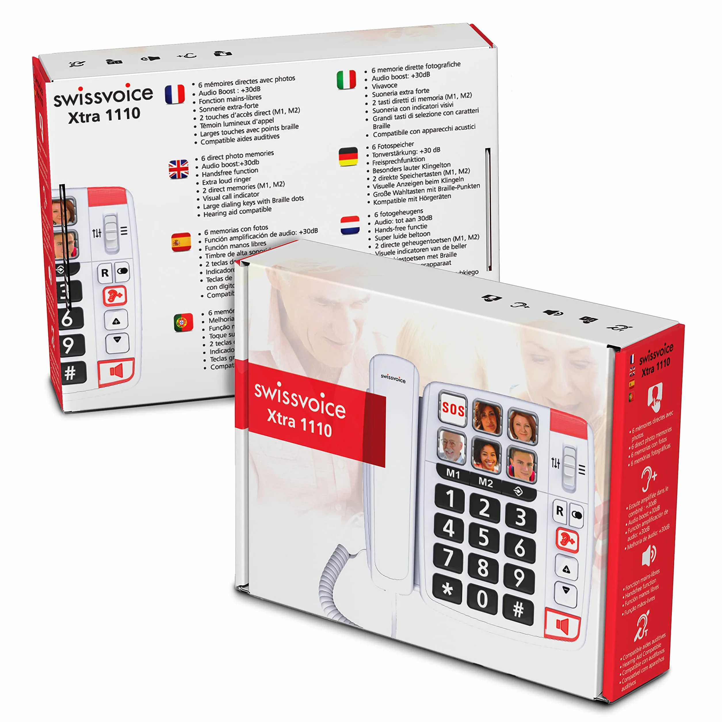 Swissvoice Xtra 1110 telefon przewodowy z bardzo dużymi przyciskami, sześć przycisków bezpośredniego wyboru zdjęć, głośne dzwonki, kompatybilny z aparatami słuchowymi
