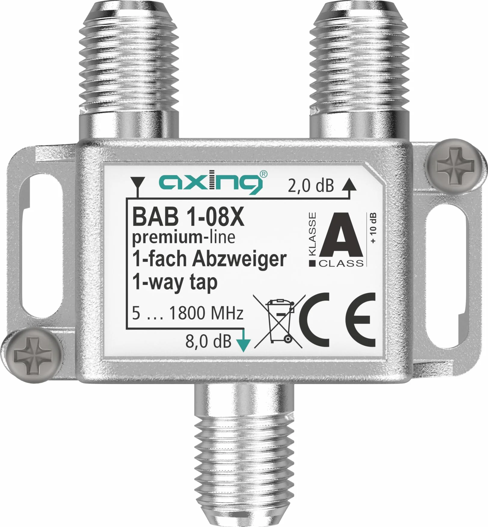 Axing BAB 1-08X rozgałęźnik 1-drożny 8 dB 5-1800 MHz TV Data Internet