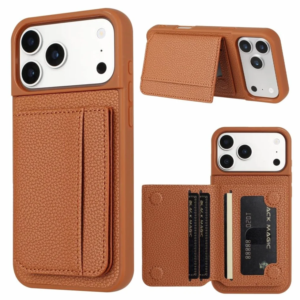 Generic etui kompatybilne z iPhone 17 Pro (kolor: brązowy) etui skórzany portfel etui na karty z klapką silikonowa osłona