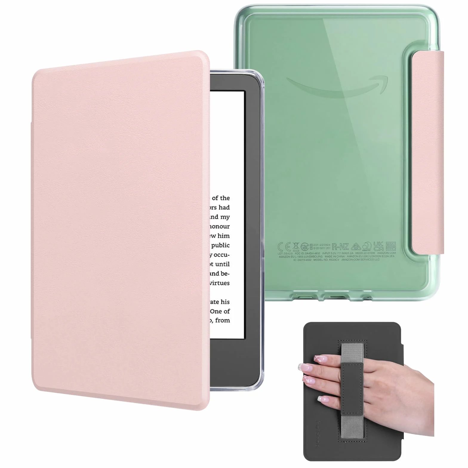 Etui na Kindle 15.2 cm 2024/2022 (11 generacji), lekki pokrowiec ze skóry PU i przezroczysta twarda tylna obudowa z paskiem na rękę, automatyczne uśpienia/budzenie (sakura pink)