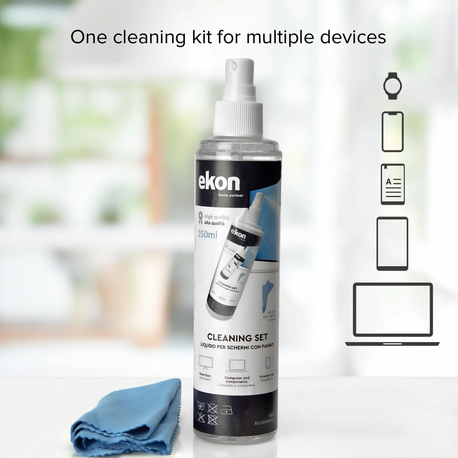 Ekon Spray do Ekranów z Mikrofibrową Ścierką, 250ml, Zestaw Do Czyszczenia Monitorów, Laptopów, Kamer, Kamer Wideo, MacBook, TV, Smart TV, Smartfonów, Tabletów