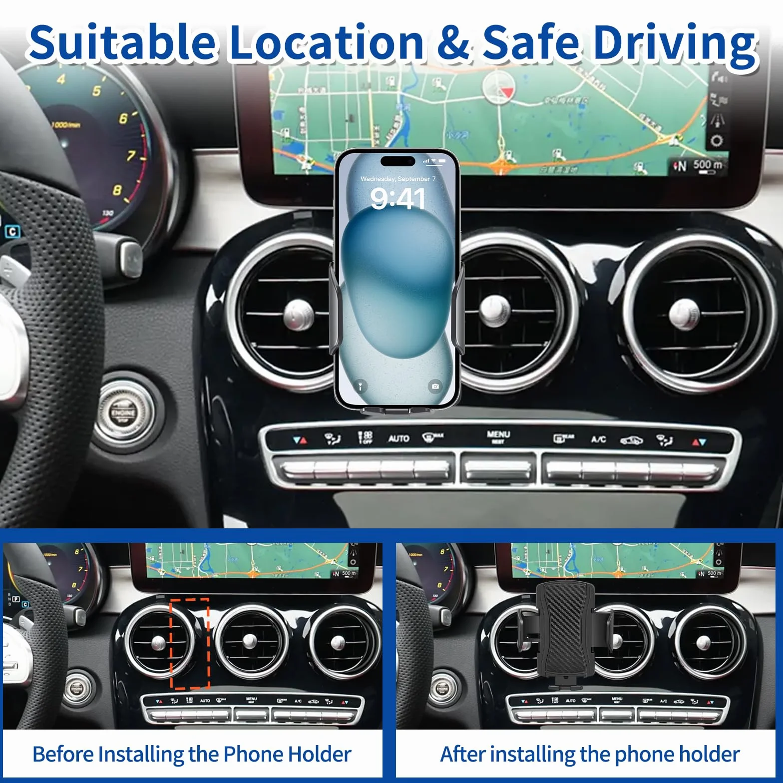Samochodowy uchwyt na telefon pasuje do Mercedes Benz 2015-2021 klasy C i 2016-2022 GLC uchwyt na telefon, nawigacja, do telefonu komórkowego, akcesoria samochodowe, uchwyt zapobiegający wstrząsom