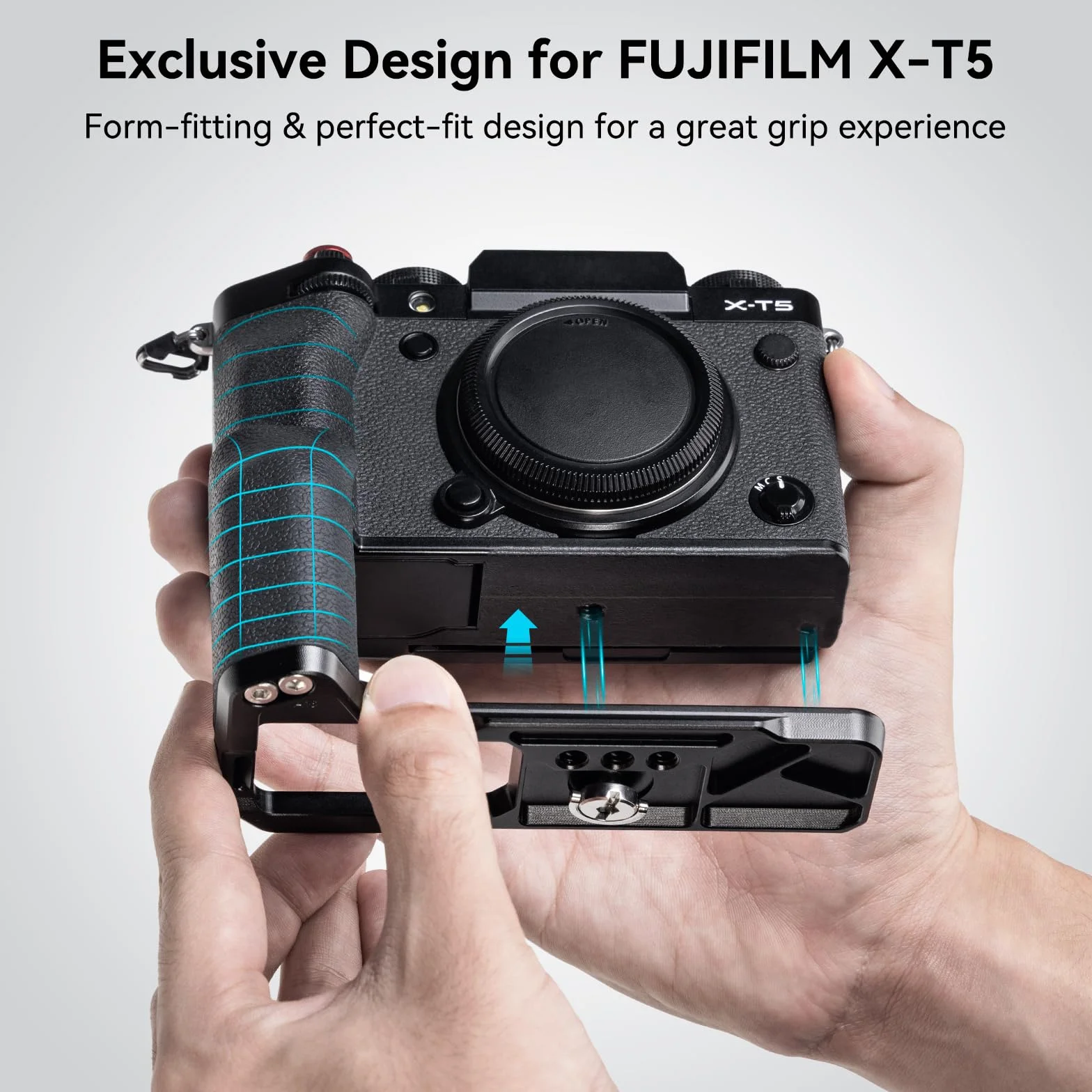 SMALLRIG X-T5 L-Shape Grip L-bracket dla Aparatu FUJIFILM X-T5, Wbudowana Płytka Szybkiego Uwalniania Aparatu dla Arca, Otwory 1/4"-20, Ergonomiczny Silikonowy Uchwyt, Przycisk Migawki (Czarny) - 4260