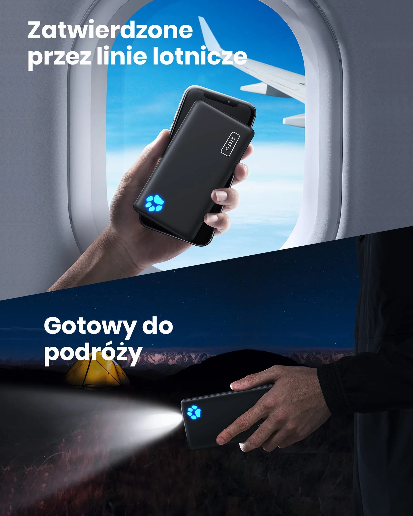 INIU Power Bank, Slimmest i Najlżejsza 10 000 mAh 3A Szybka 3 Wyjścia, Przenośna Ladowarka USB C i Latarka Powerbank Akumulator do iPhone 15 14 13 12 11 Pro Max Samsung Galaxy Xiaomi Google iPad itp.