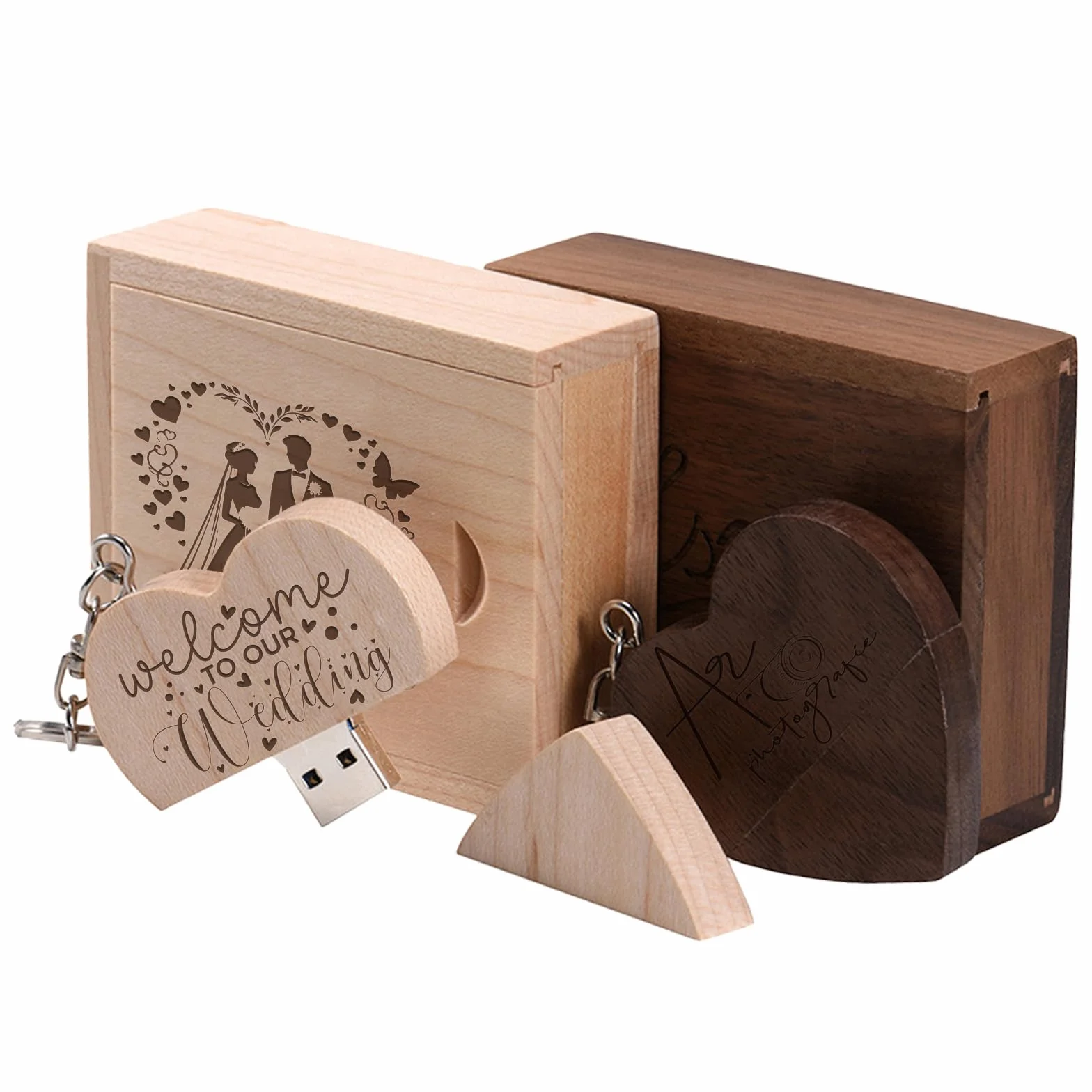 Niestandardowy drewniany pendrive USB 3.0 w kształcie serca, 32 GB, z drewnianym pudełkiem, 200 szt., spersonalizowane logo, grawerowany drewniany pendrive, hurtowa pamięć na prezenty firmowe, wesela