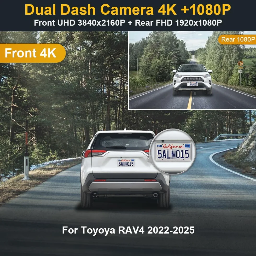 FITCAMX Dashcam kompatybilny z Toyota RAV4 2022-2025 i Hybrid LE XLE Limited XSE Adventure SE Premium Gen5 (Model B), Dual 2160P + 1080P UHD Video WiFi, czujnik G, karta 128 GB