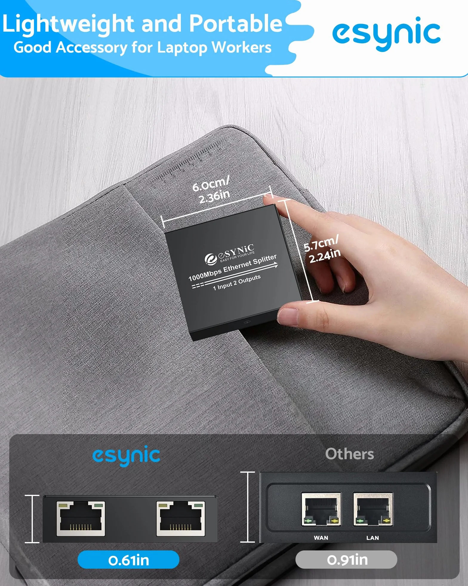 eSynic Gigabit Ethernet rozdzielacz 1 w 2 wyjściach z kablem sieciowym 0,5 m, przełącznik rozdzielacza RJ45 LAN 1 do 2 portów 100 Mb/s z kablem sieciowym typu C, 1X2 obsługuje kable Cat5/5e/6/7/8