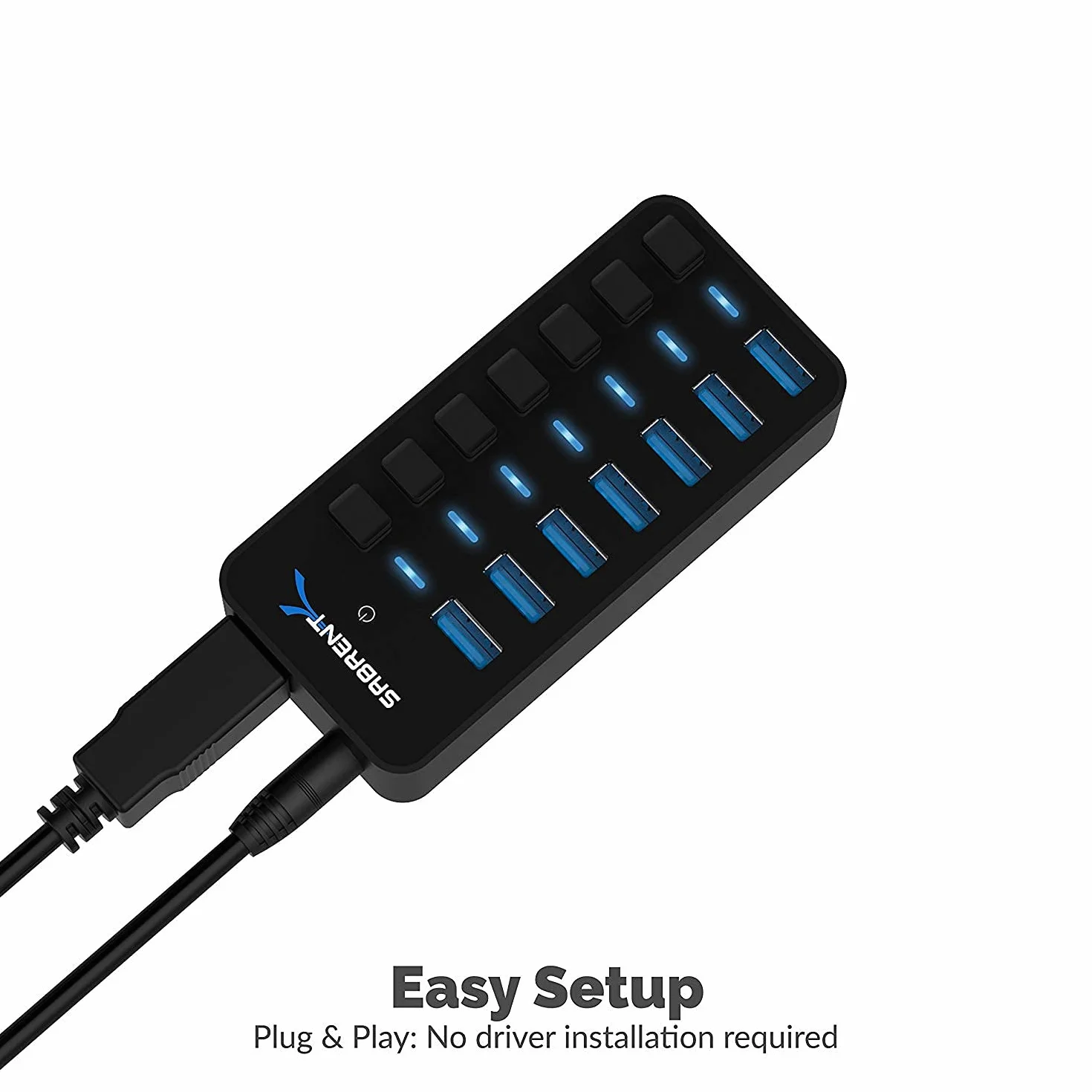 SABRENT Koncentrator USB Zasilany, Stacja Dokująca 3.2 z 7 Portami, Adapter 5V/3A 36W, Wieloportowy z Przełącznikami i Indywidualnymi Diodami LED (HB-BUP7) | Pojedyncze przełączniki zasilania + diody LED; zawiera zasilacz 36 W 12 V/3 A