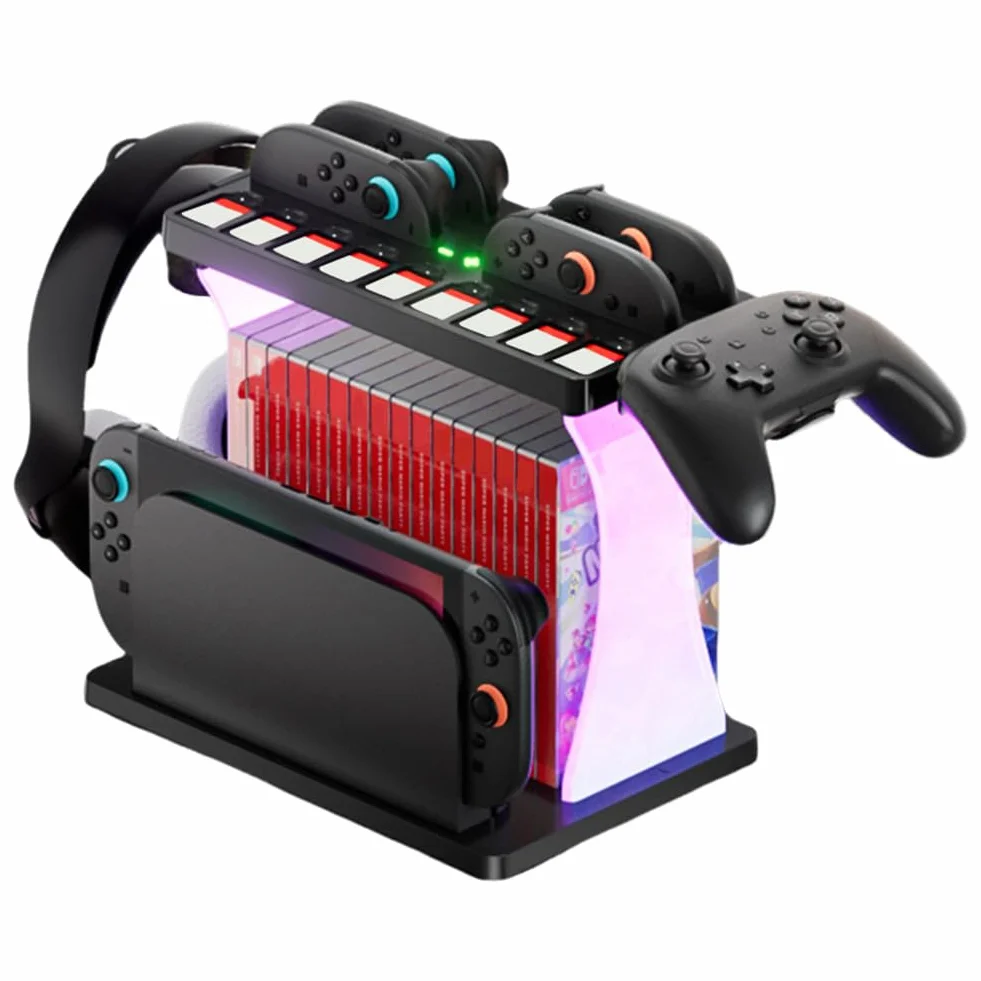Stojak do przechowywania gier Switch2 ze stacją ładującą RGB Organizer dysków i kontrolerów