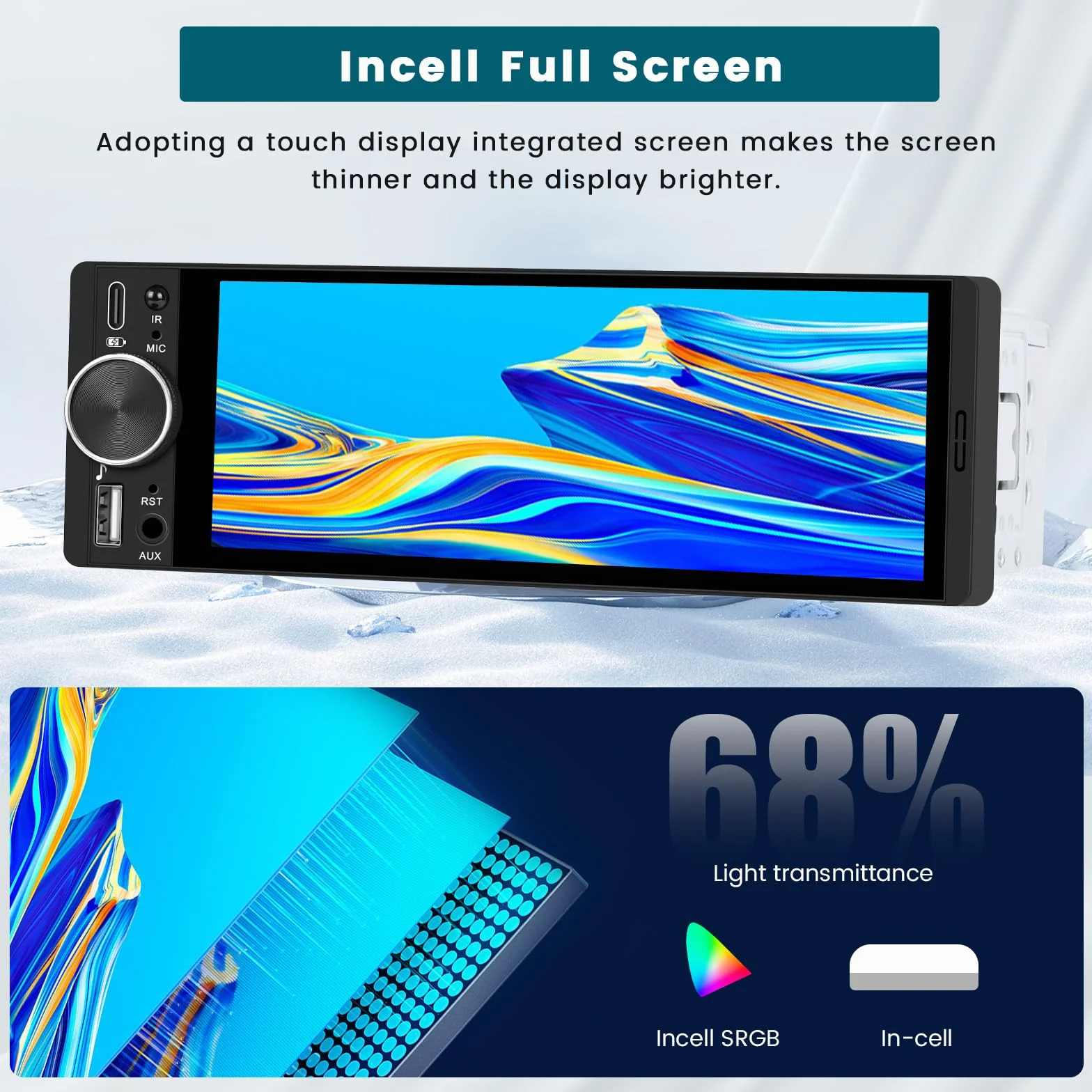 Hikity Radio samochodowe Bluetooth 1 DIN z bezprzewodowym Carplay Android Auto, 1 Din Radio z ekranem dotykowym 6,28", Lien Miroir, radio FM, typ C, 2USB, SWC, EQ, kamera cofania, MIC