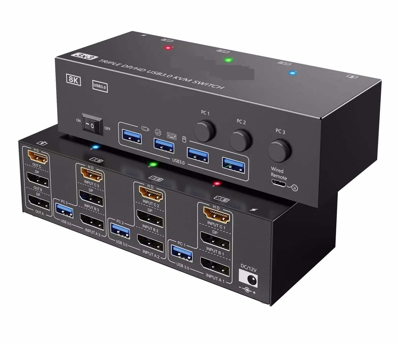 Przełącznik KVM 8K USB 3.0 2.1 DP 1.4 3 monitory 3 komputery, 8K60Hz,4K144Hz potrójny monitor KVM z 4 portami USB 3.0