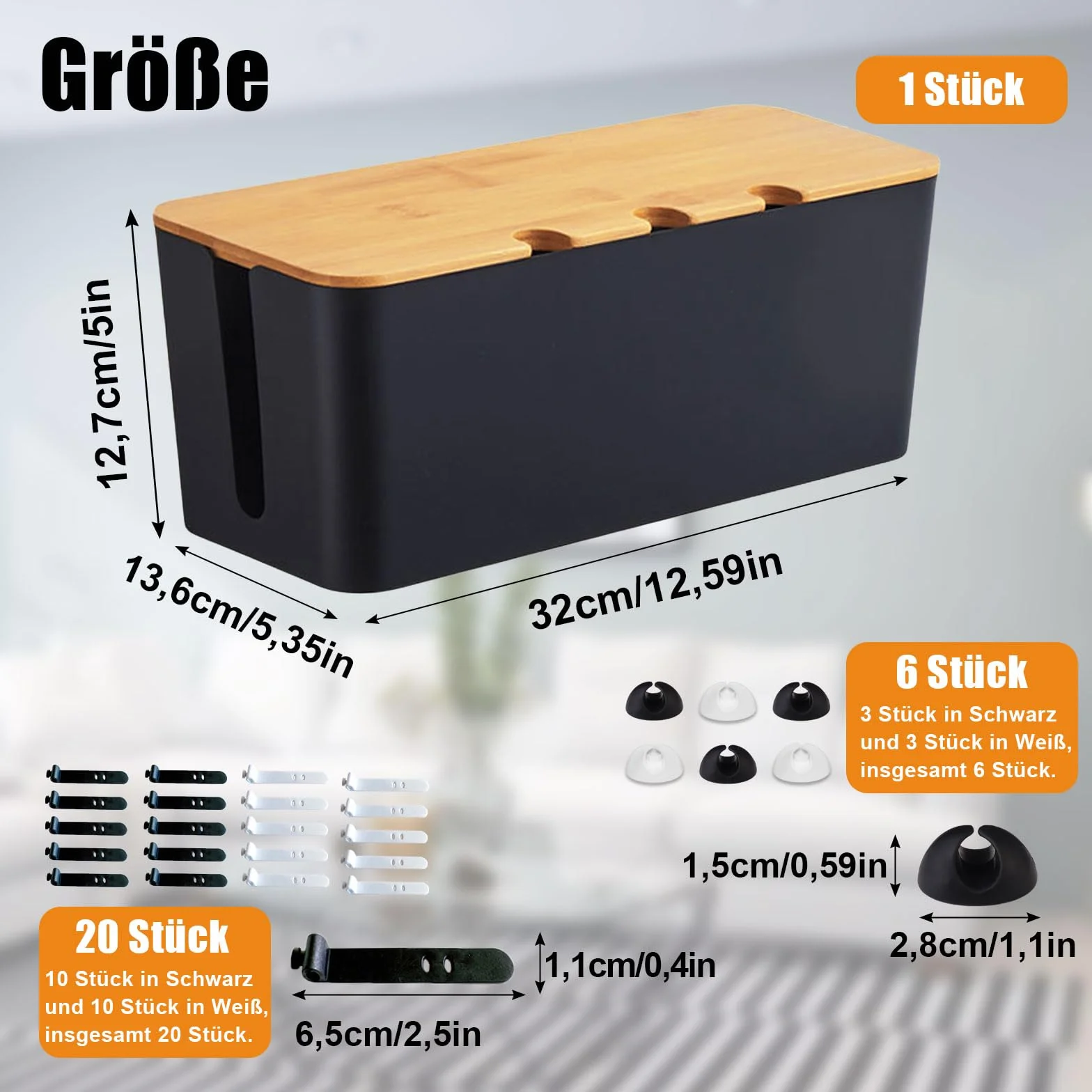 Skrzynka na kable, 32 x 13,6 x 12,7 cm, skrzynka na gniazdka z drewnianą pokrywą, organizer na kable z opaskami kablowymi i uchwytami na kable, do organizacji biurka, kolor czarny
