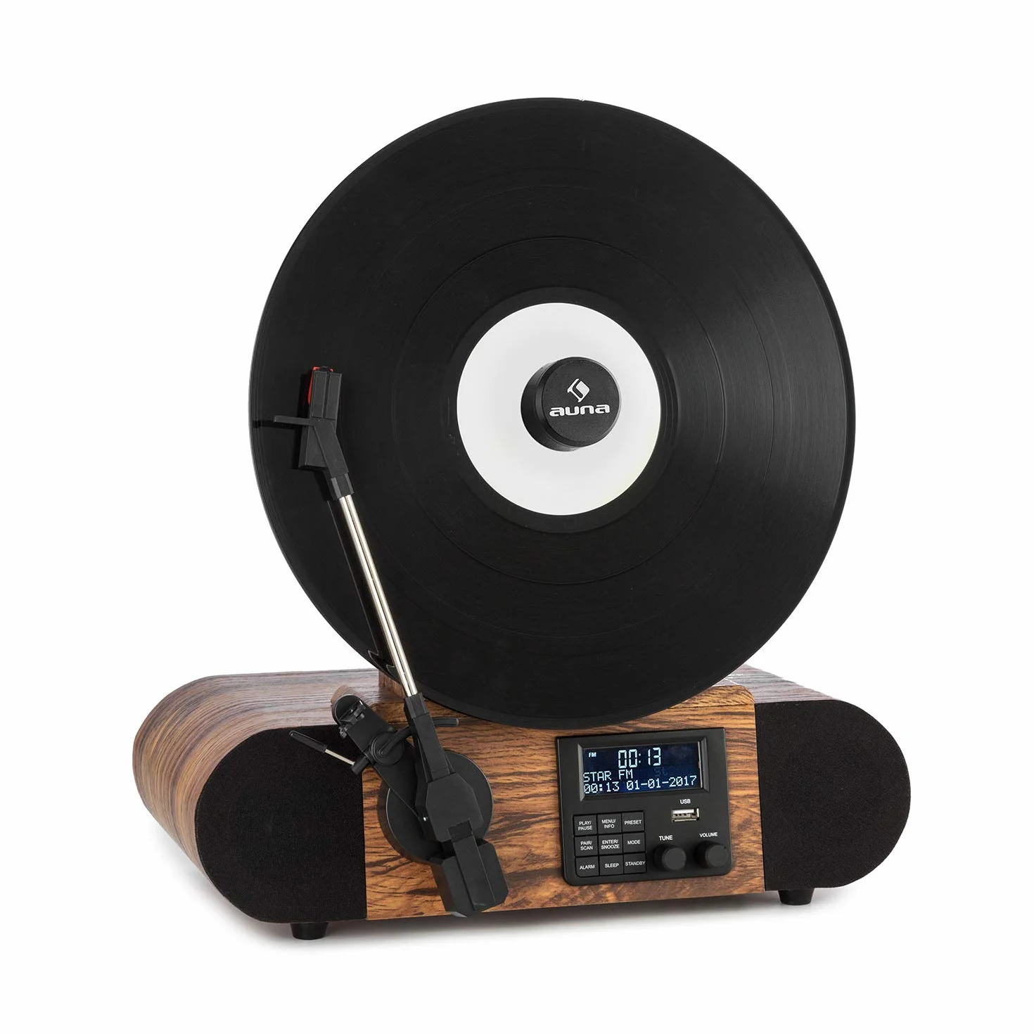 Auna Verticalo Retro Gramofon z Głośnikiem, Bluetooth, Radio DAB+, Odtwarzacz Winylowy, USB, Pionowy