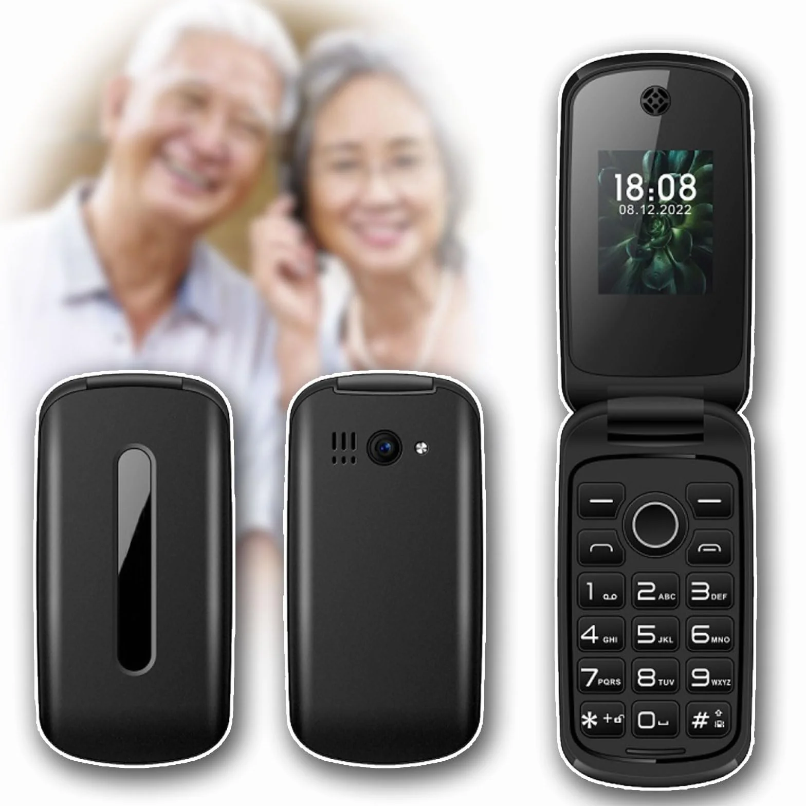 2G Odblokowany Telefon Komórkowy Klapką, Wielofunkcyjny Telefon Komórkowy Starszych Dual SIM+Podświetlenie LED/Latarka Głośny Dźwięk Czysty+SOS Numer Rodzinny Wibracja Przypomnienie,Black