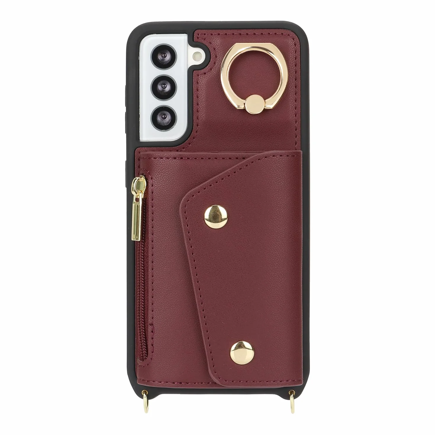 Lipvina Etui do Samsung Galaxy S21 FE etui z paskiem na karty, etui na telefon komórkowy Samsung Galaxy S21 FE z zamkiem błyskawicznym, z pierścieniem, stojakiem dla kobiet - czerwone
