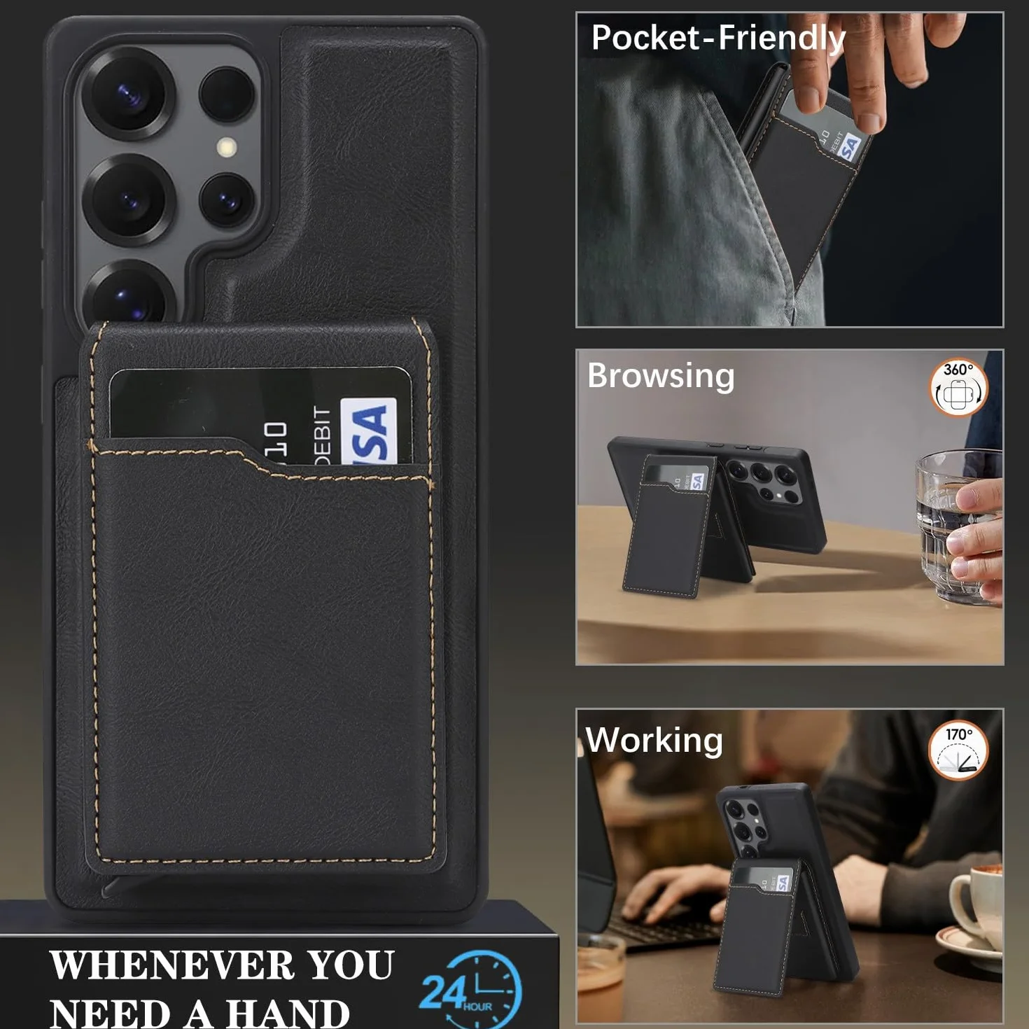 Generic etui kompatybilne z Samsung Galaxy S24 (kolor: szary) zdejmowany stojak portfel silikonowa skórzana tylna obudowa