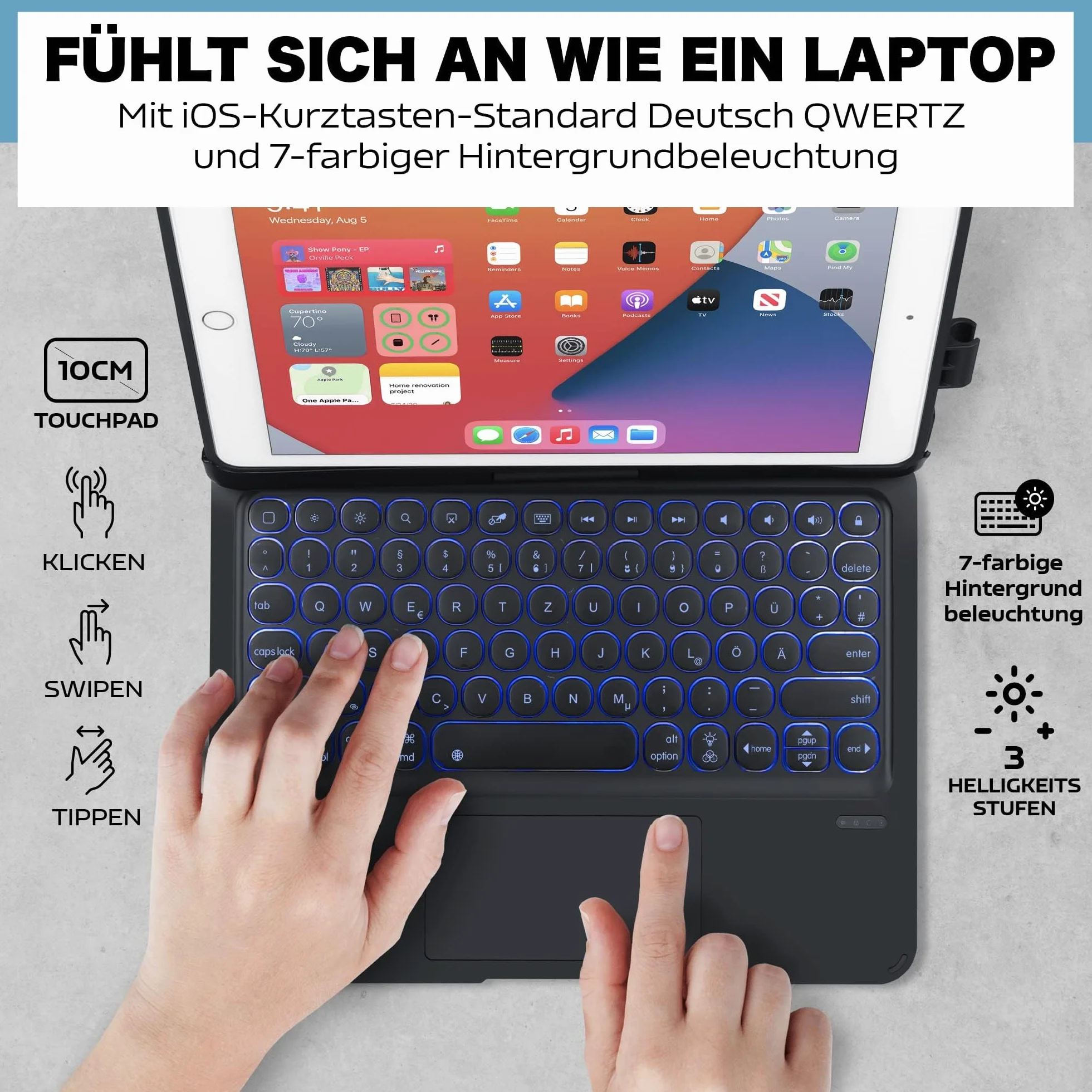 Etui na klawiaturę do iPad Pro 6/5 generacji 2018/2017 9,7", 360°, iPad Air 2/Air 1, bezprzewodowa klawiatura Bluetooth z touchpadem, 7-kolorowe oświetlenie (czarne)