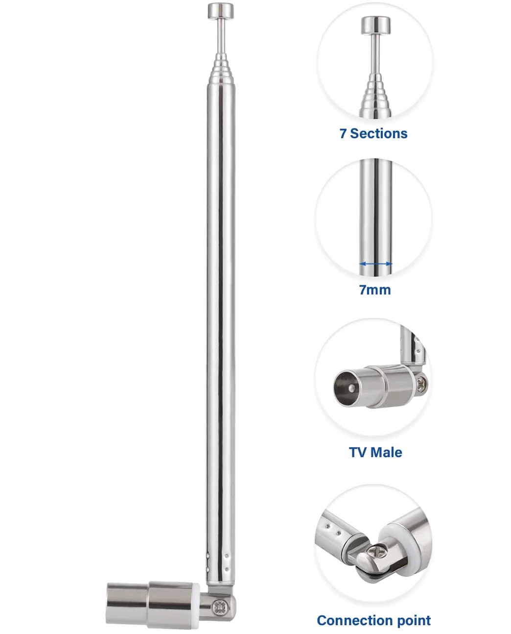 2PCS TV Męskie Teleskopowa Antena 7 Sekcji TV Teleskopowa Antena Radiowa 70.5CM/27.76IN do DVB-T DVB-T2 AM FM Radio Odbiór Stereo