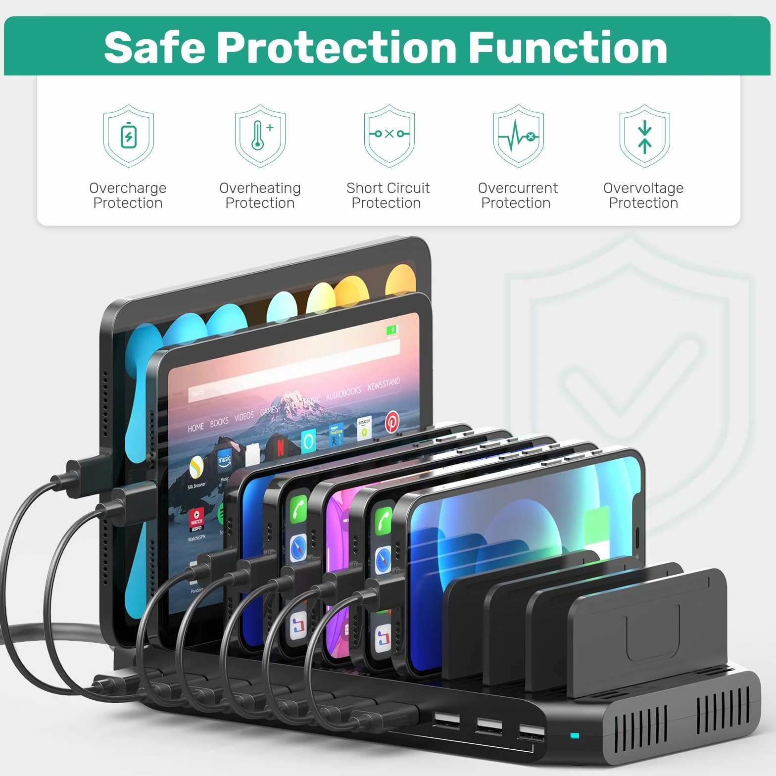 SUIDEK 10-portowa stacja ładująca, ładowarka USB 60 W do wielu urządzeń z regulowanymi ściankami działowymi, kompatybilna z tabletami, smartfonami