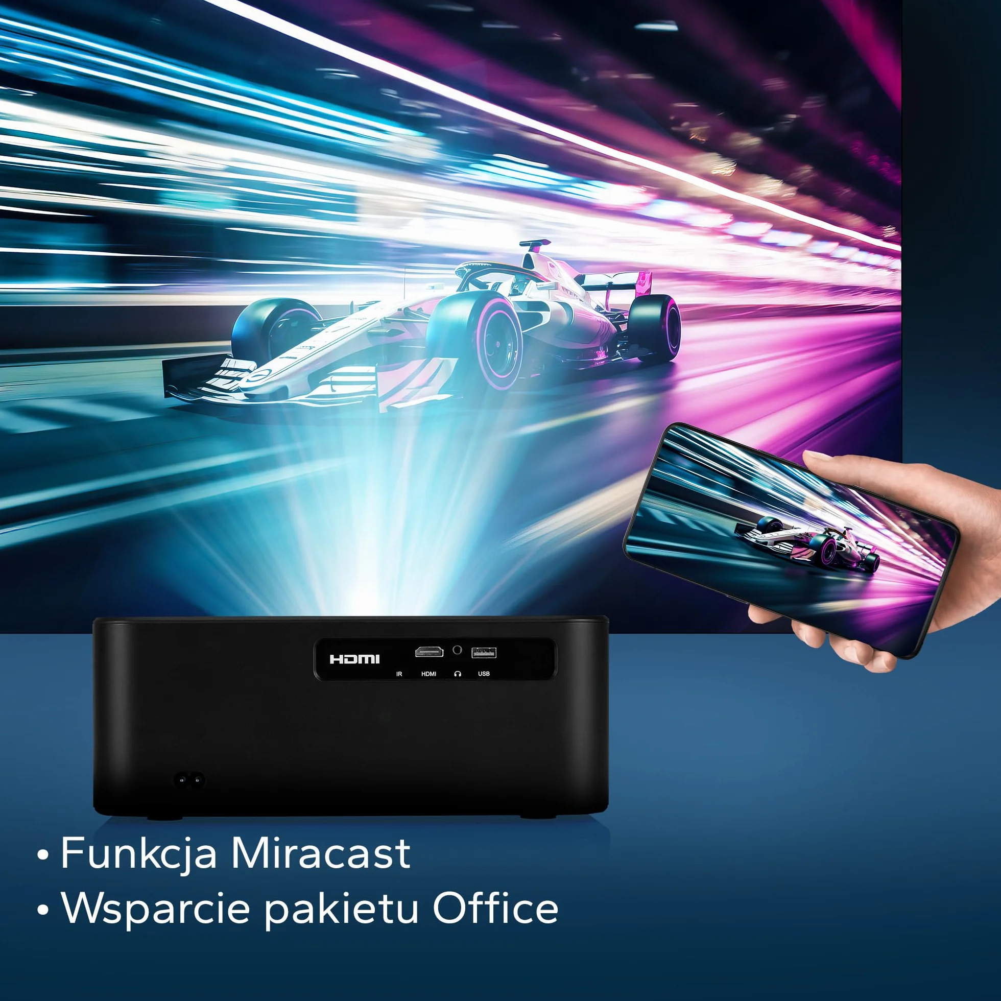 OVERMAX Projektor 4K Full HD 1080P Multipic 5.2, Google TV, WiFi i Bluetooth, Automatyczna Korekcja Keystone 30°, Elektryczny Zoom, Miracast i Obrót 360°, Ekran do 200”