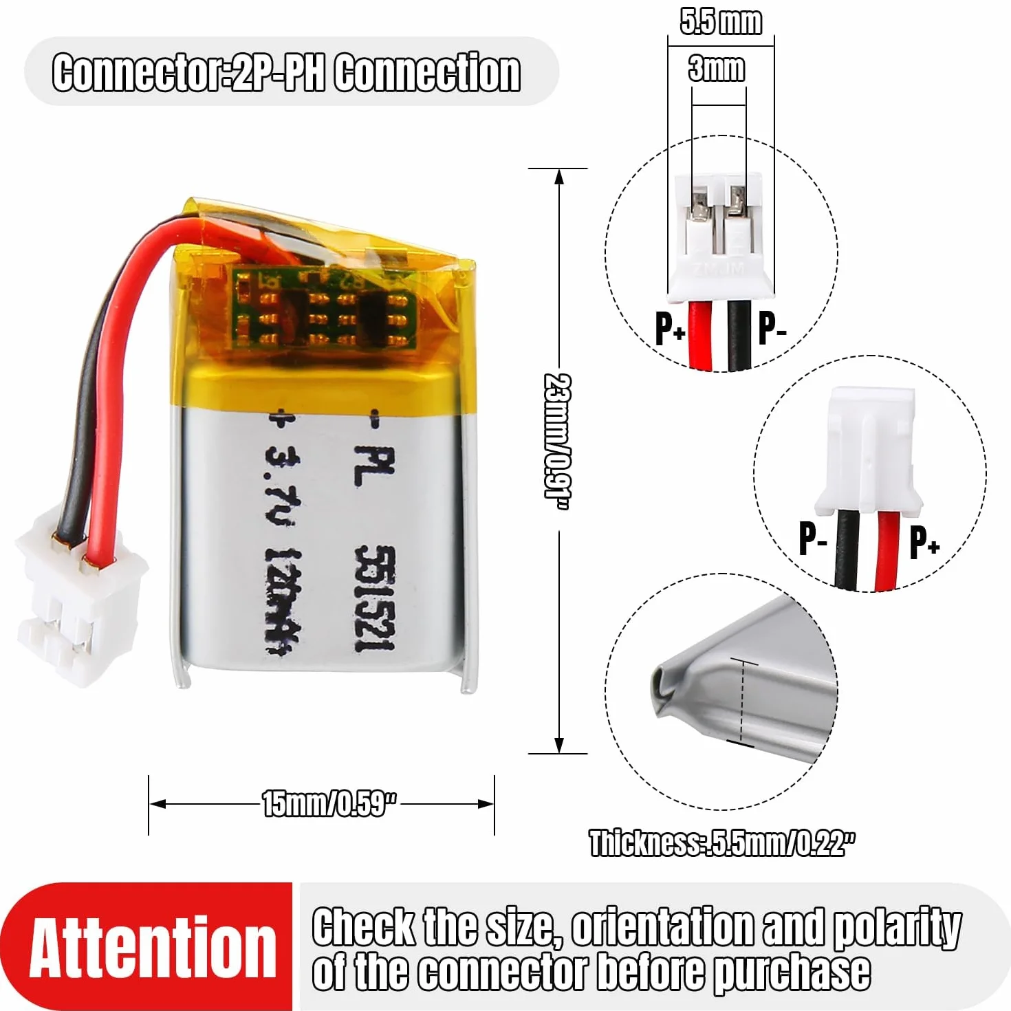3,7 V lipowa bateria, 3,7 V 120 mAh 551521 litowo-polimerowa z łącznikiem 2P-PH o rozstawie 2,0 mm