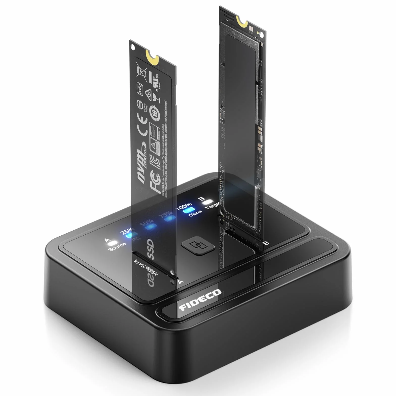 FIDECO M.2 NVMe SATA SSD Cloner Dock, USB 3.2 Gen 2 X 2, 20 Gb/s M.2 NVMe Cloner Duplicator, obsługa klonu offline, UASP i wykończenia, czarna