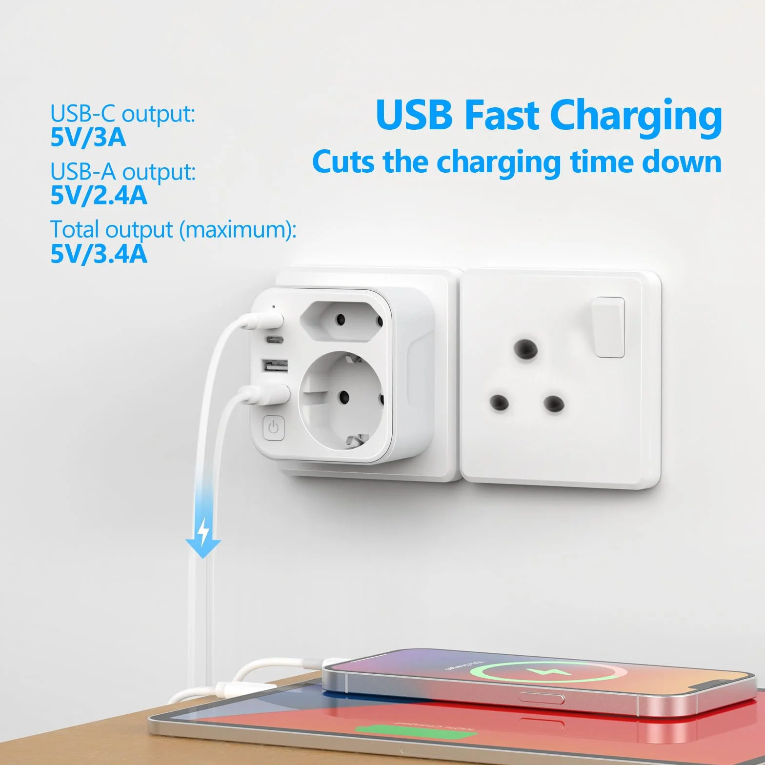 Adapter podróżny do Republiki Południowej Afryki, 2 wtyczki typu M z 2 USB i 2 USB C, 3,4 A 17 W