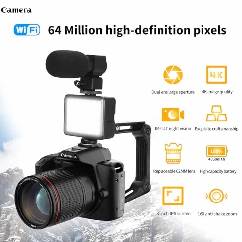 Aparat Cyfrowy 4K 64 MP, Cyfrowy Aparat Noktowizyjny, Kolorowy Wyświetlacz IPS 3 Cale, WIFI, 16-krotny Zoom Cyfrowy, Szeroki Kąt 120 Stopni, światło Wypełniające, Obiektyw Makro,