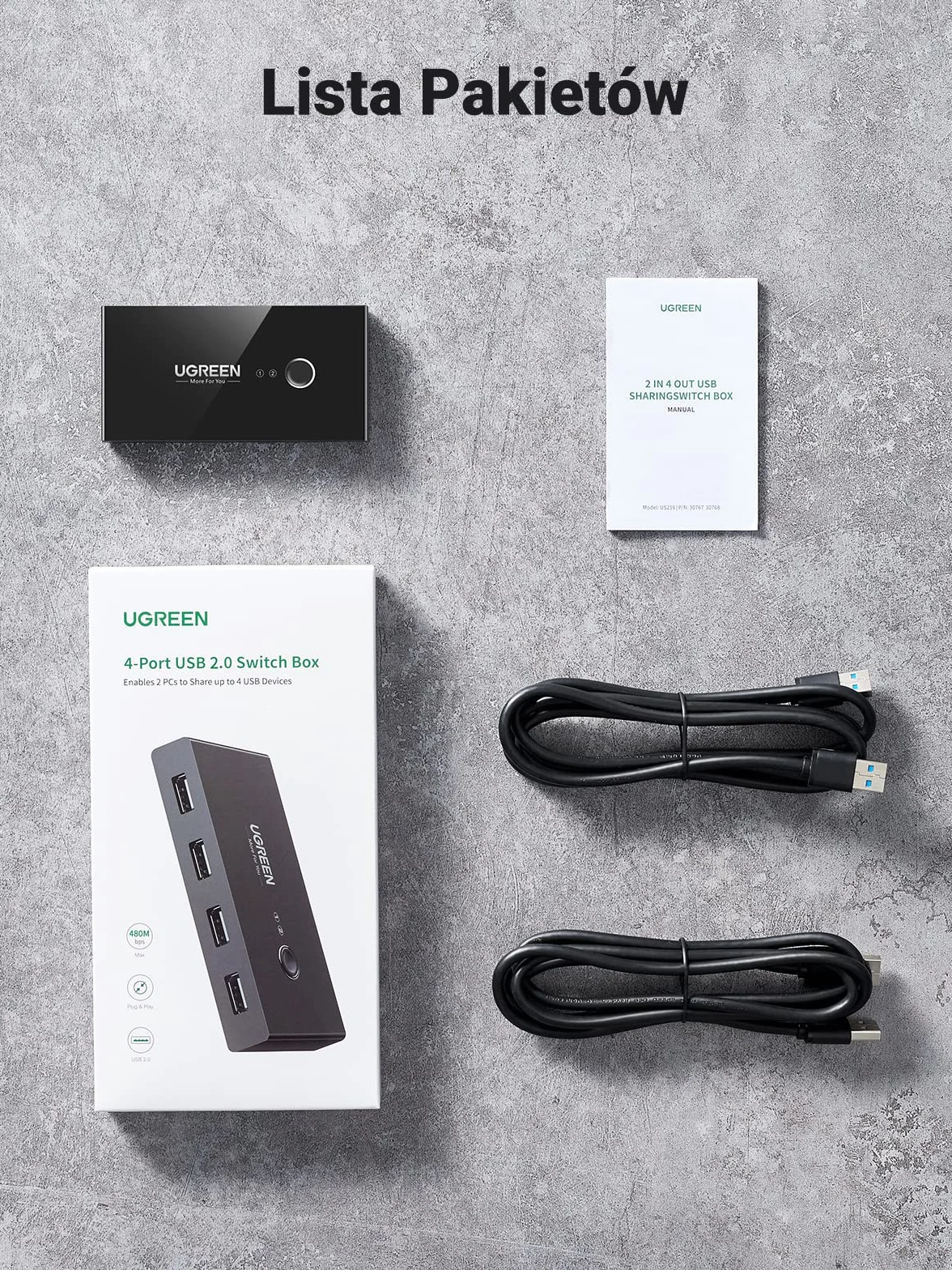 UGREEN USB 2.0 Przełącznik, Przełącznik Udostępniania 2 w 4 z 2 Kablami USB 2.0 do Drukarki, Skanerów, Zewnętrznych Dysków Twardych itp.