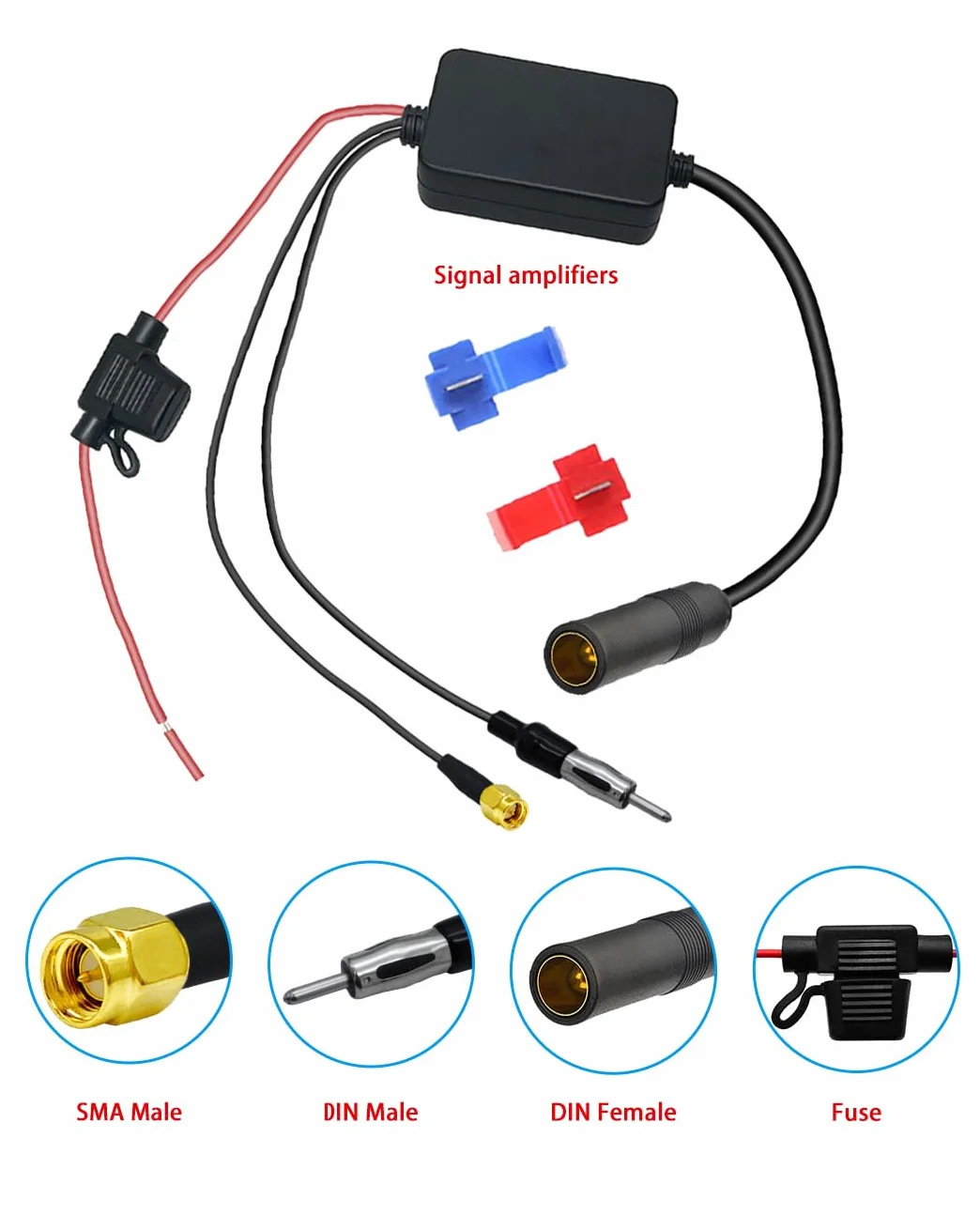 Vecys FM/AM DAB DAB+ Antena Samochodowa Wzmacniacz Sygnału DIN Męski do DIN żeński do SMA Męski Adapter 12V Radio Samochodowe Wzmacniacz Sygnału dla Audio Stereo Cyfrowe Radio Samochodowe