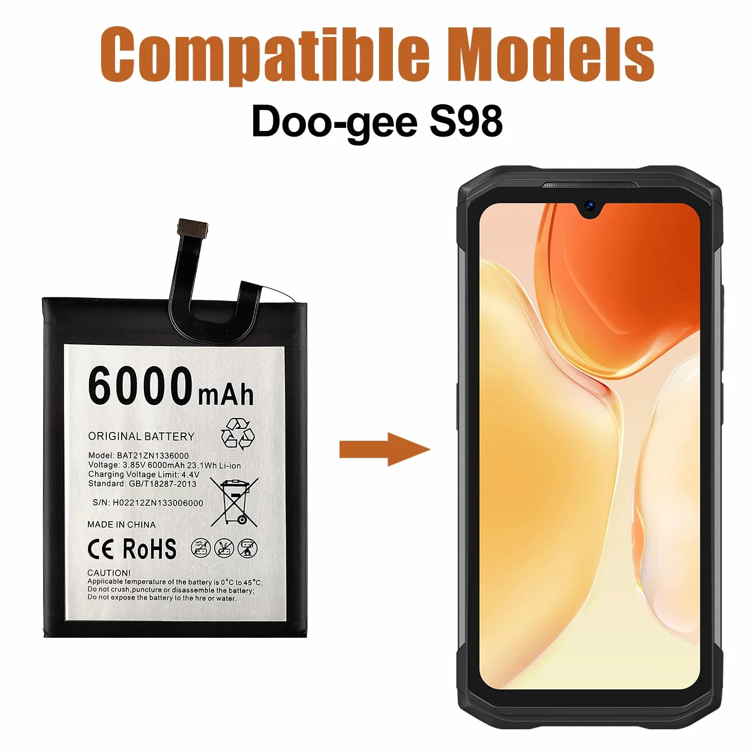 Nowa bateria zamienna BAT21ZN1336000 kompatybilna z akumulatorem Doogee S98 6000 mAh z zestawem narzędzi naprawczych