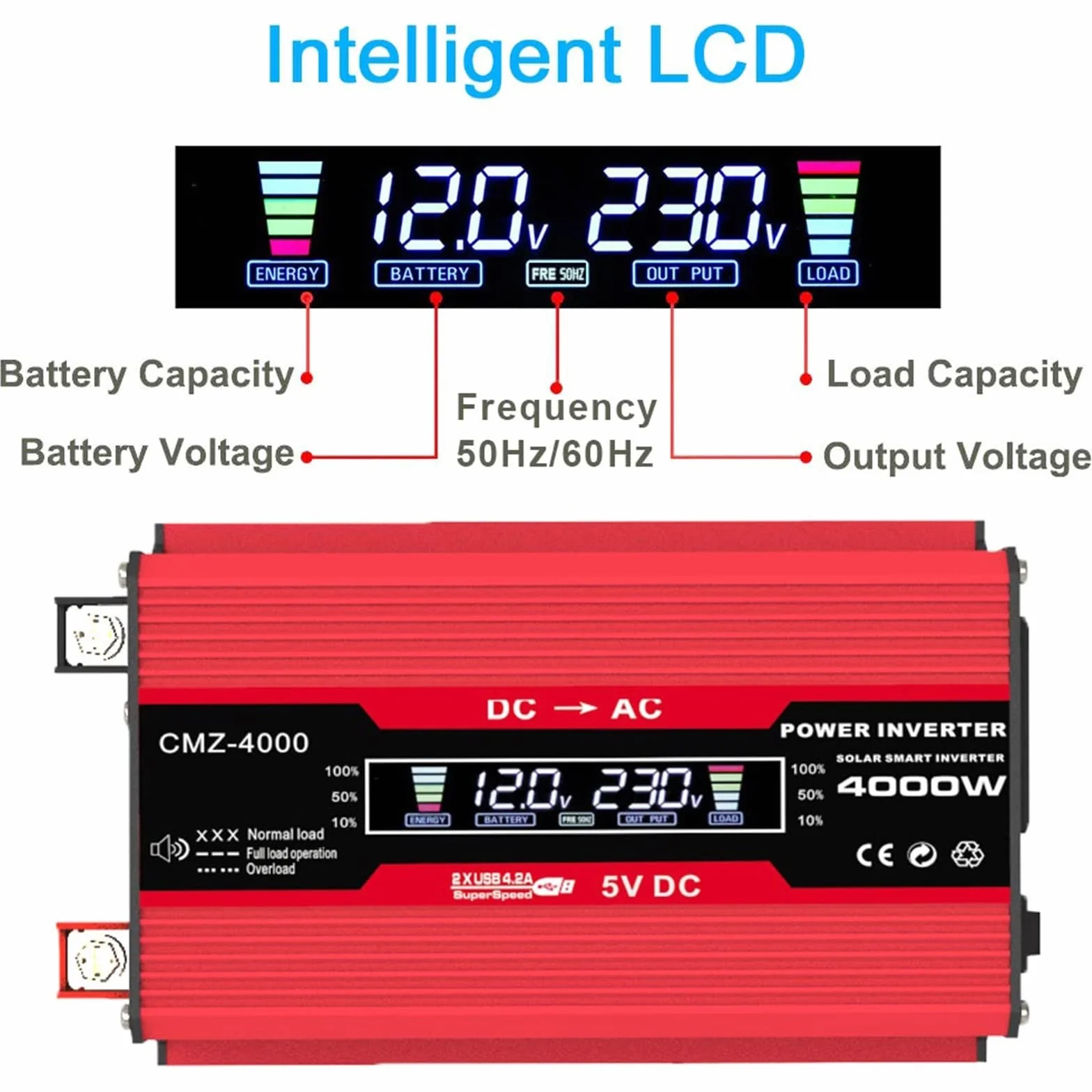 Falownik, 4000W zmodyfikowana fala sinusoidalna przetwornica napięcia 12V 220 do generatora konwerterów domowych z przetwornicą częstotliwości ładowania LCD(4000W Red)