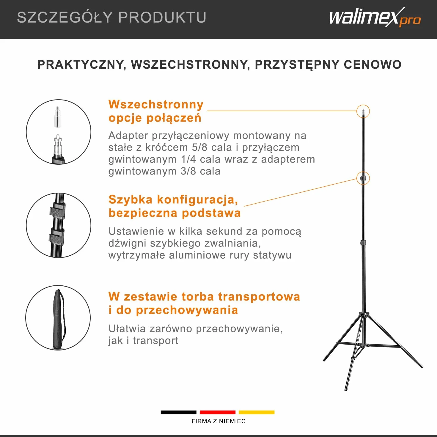 Walimex pro WT-803 Statyw do lamp 208 cm - kompaktowy, lekki statyw oświetleniowy wykonany z aluminium, maks. wysokość 208 cm, maks. obciążenie 3,5 kg do studia fotograficznego