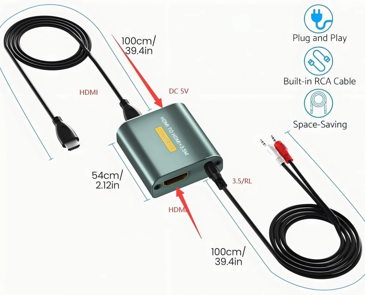 Ekstraktor audio HDMI 4K z HDMi i wyjściem audio AUX 3,5 mm, adapter audio HDMI, kompatybilny z Blu-ray PS4, PS5, X-box