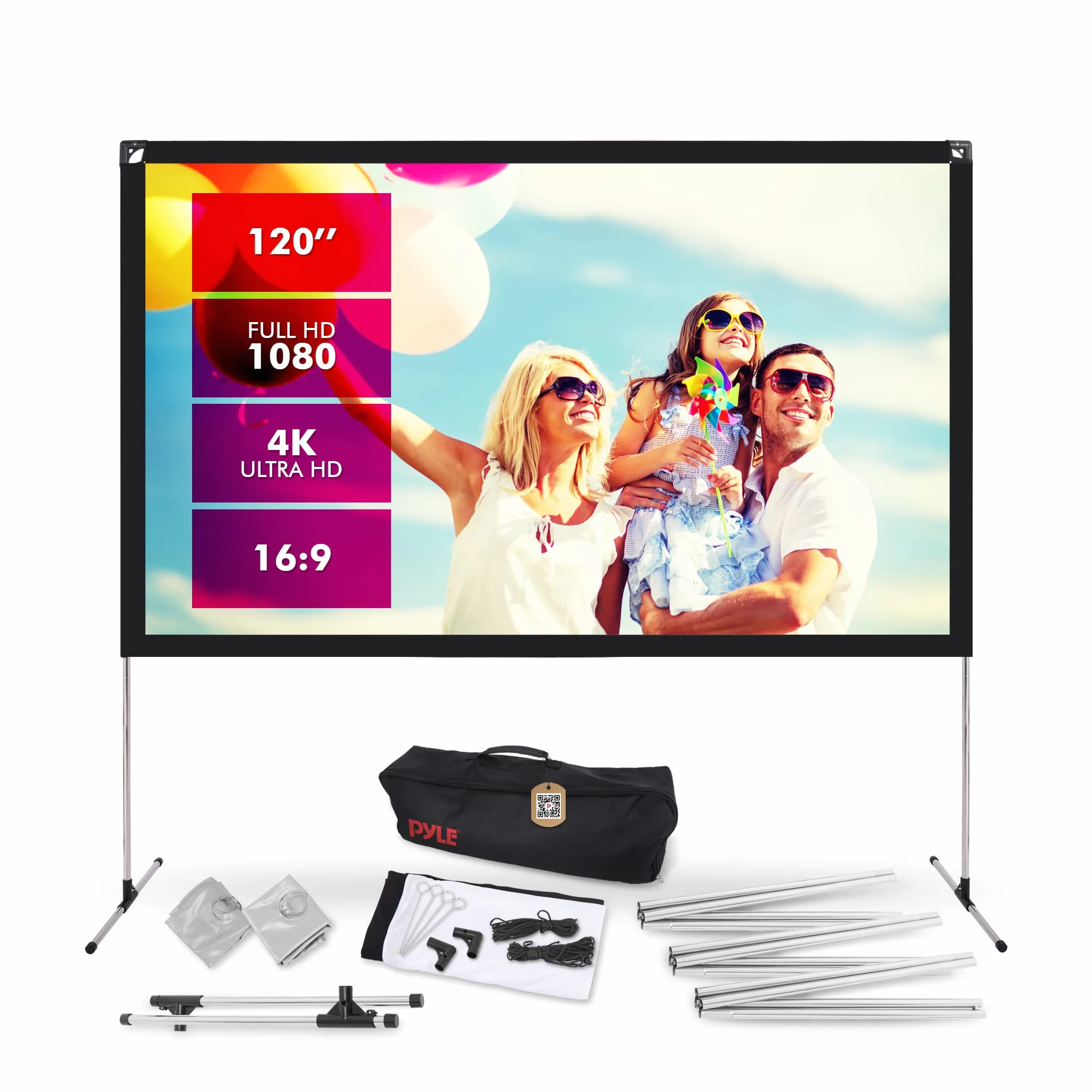 Pyle Ekran Projektora Z Wspornikiem – 120" 16:9 HD 4K Przenośny, Lekki, Niezależny, Składany, Projekcja Filmów Wewnętrzna I Zewnętrzna Z Ramką Do Kina Domowego