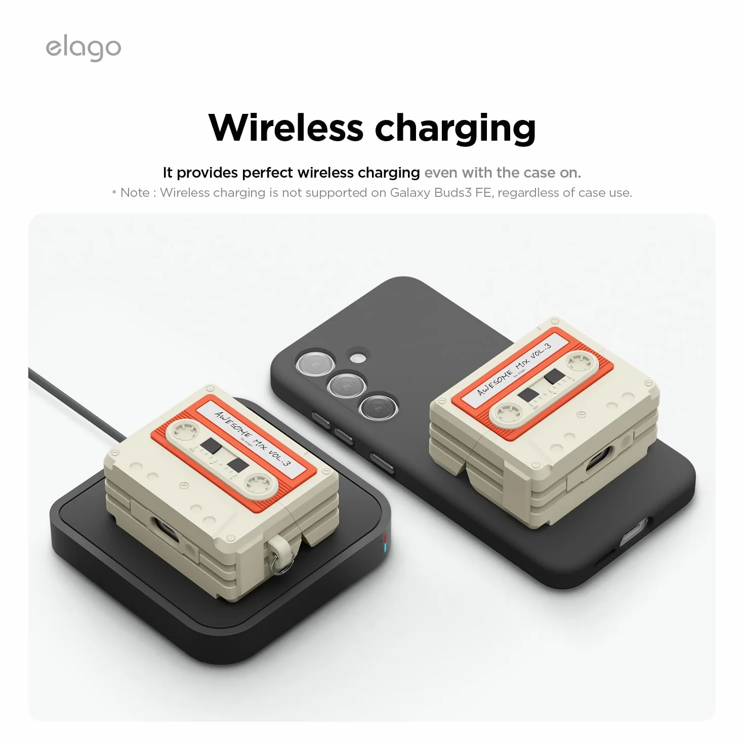elago Etui Kasetowe do Galaxy Buds 3/3 Pro/3 Fe | Etui w Stylu Kasety, w Zestawie z Karabińczykiem, Pełna Ochrona, Akcesoria do Słuchawek (Klasyczna Biel)