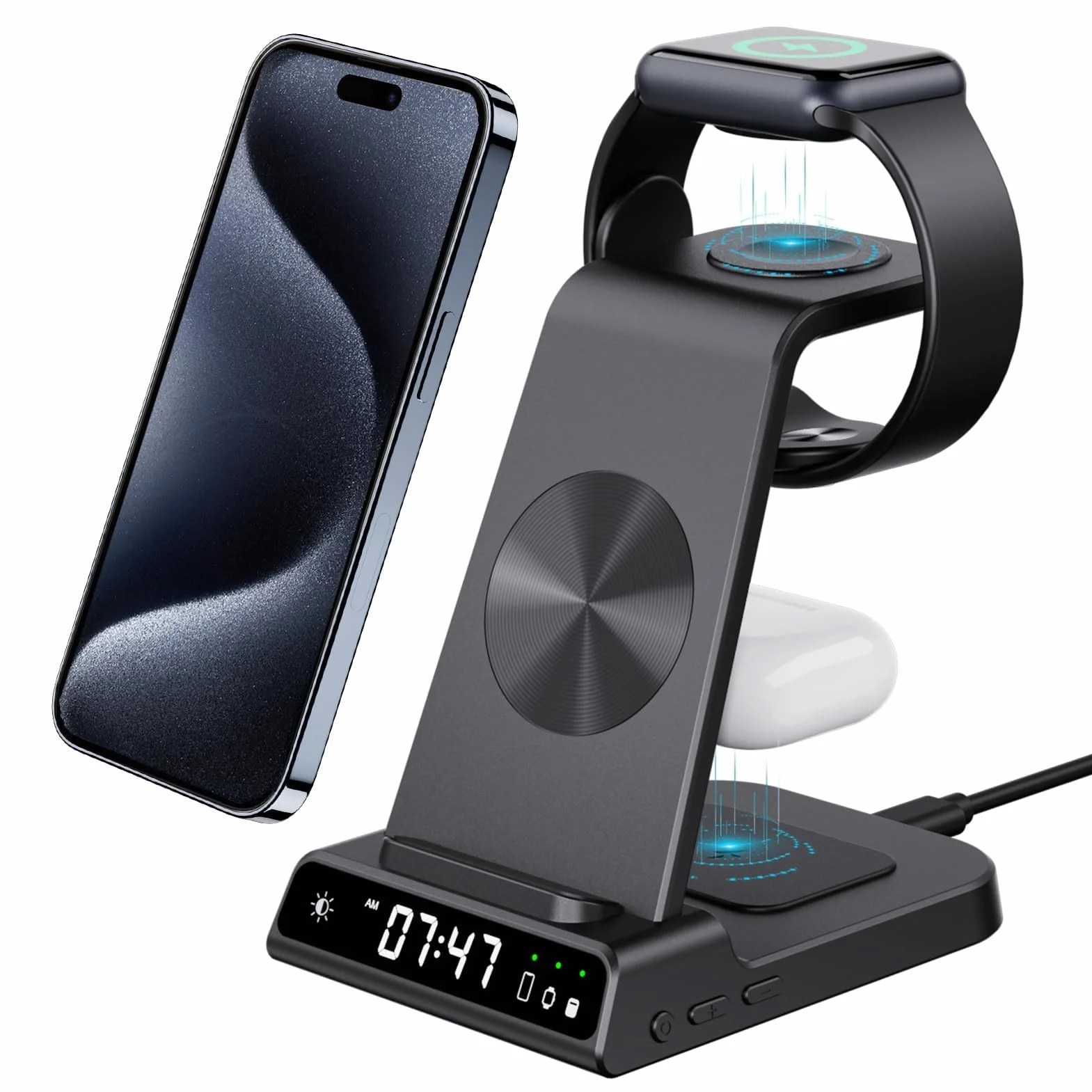 Stacja ładująca 3 w 1, Apple Watch i iPhone z zegarem cyfrowym, 18 W, szybka bezprzewodowa stacja ładująca do iPhone 15 Pro Max, indukcyjna stacja ładująca do Air pods Pro 2, Apple Watch stacja